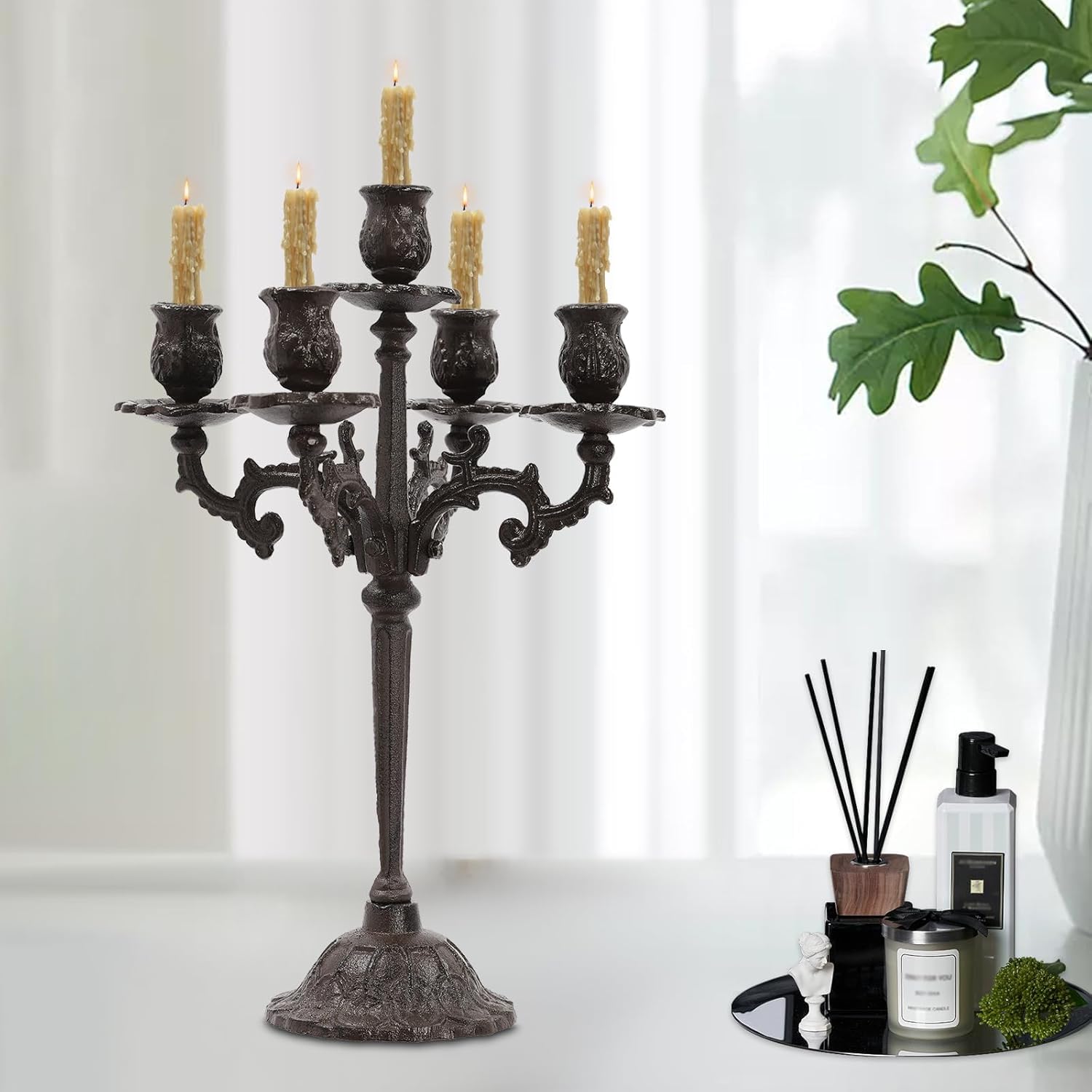 Portacandele Vintage A 5 Bracci in Ghisa - Elegante Portacandele Antico A Cono per Tavolo da Pranzo, Feste, Natale E Compleanni - Centrotavola Resistente