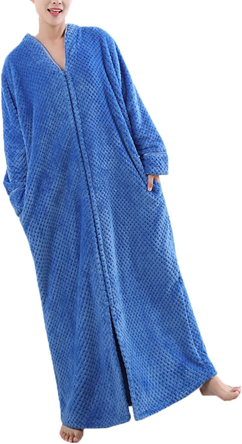 DSNOW Ladies' Zip Fleece Waffle Long Dressing Gown Fluffy Towelling Bathrobe Sleepwear