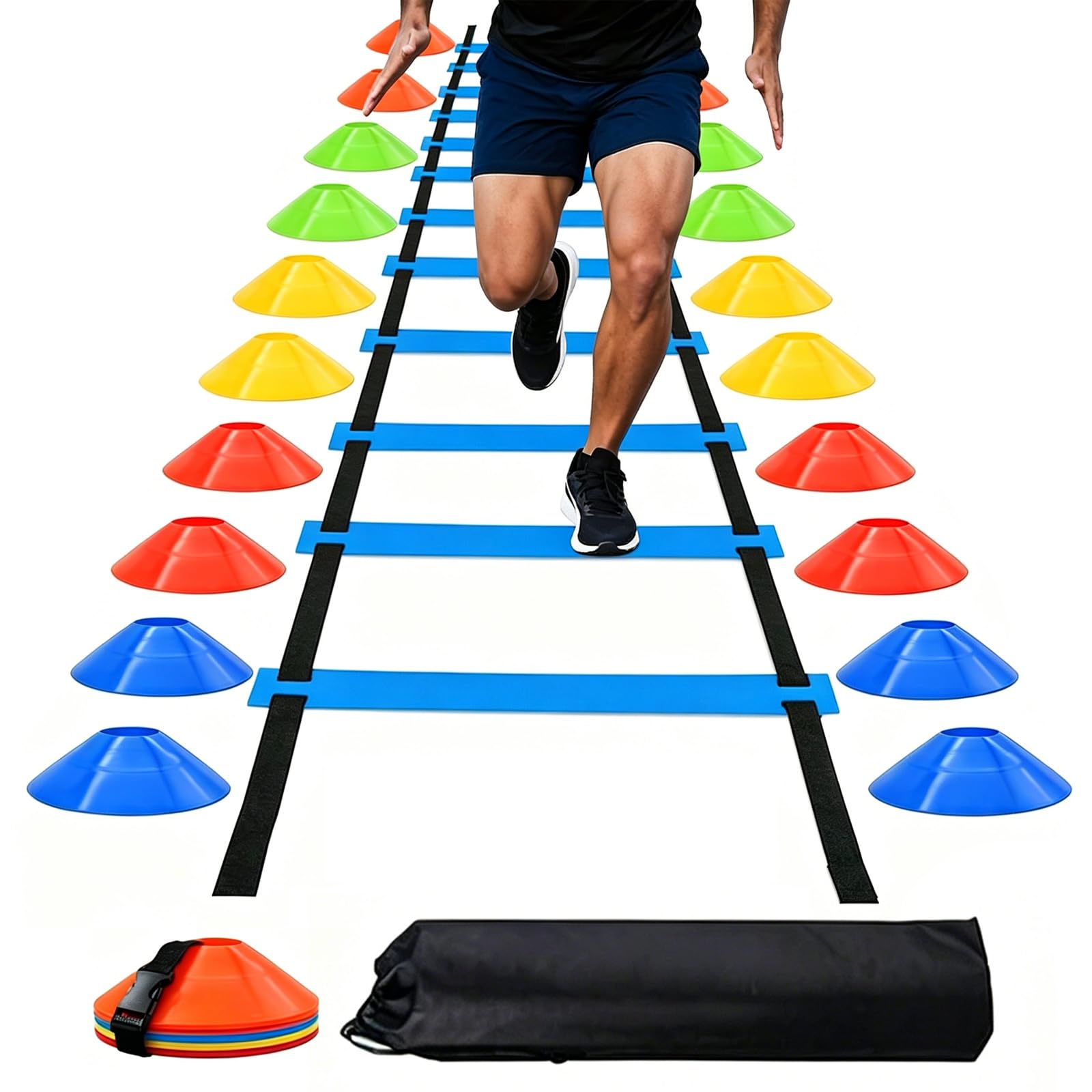 Koordinationsleiter - 6M Koordinationsleiter mit 20 Hütchen,Trainingsleiter Geschwindigkeit Schnelligkeitsleiter Agility/Speed Ladder, 42 cm Breite, Hürden Trainieren Kraft, Ausdauer,Technik zuhause