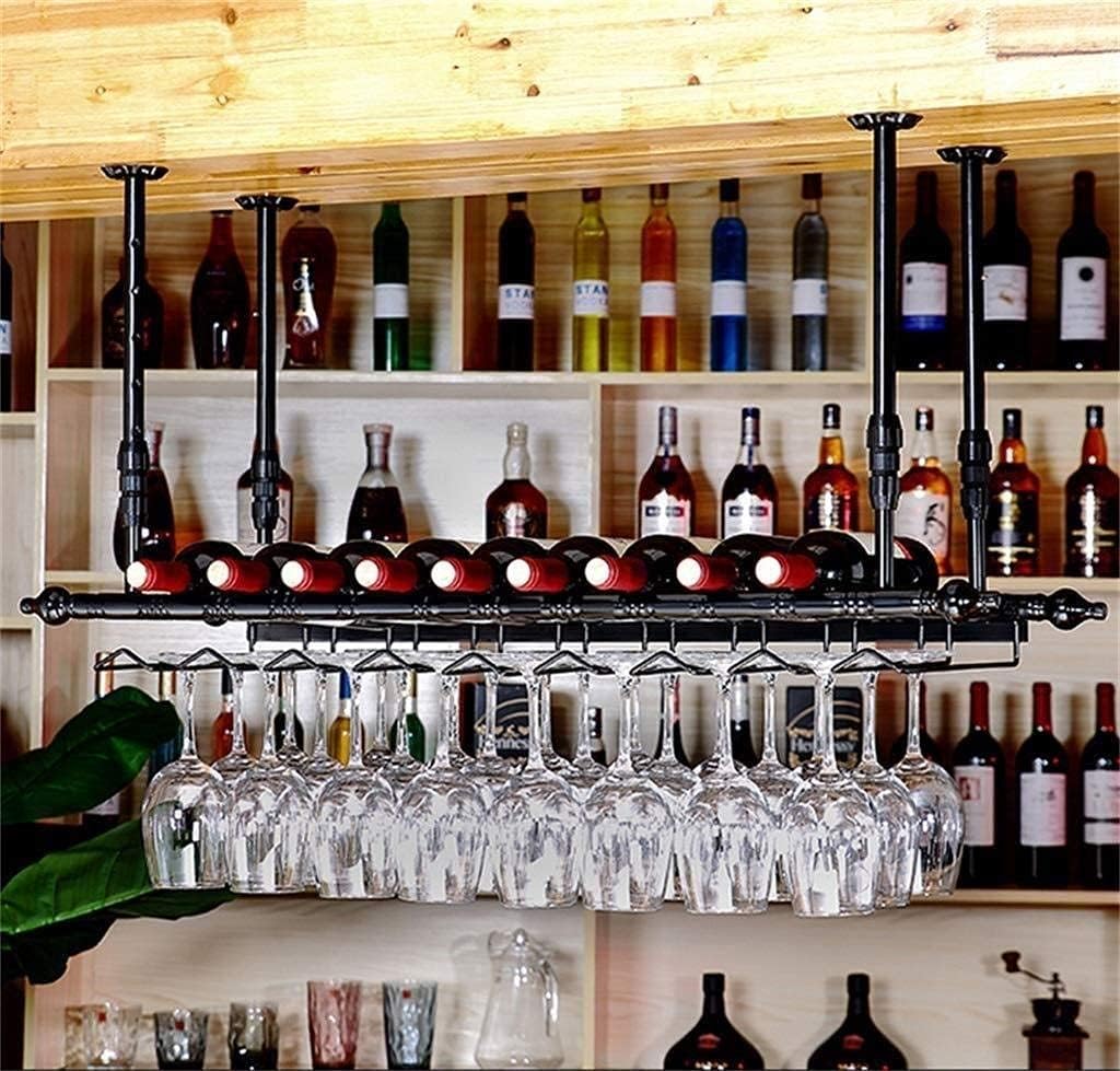 Wine Display,Kitchen Storage Organisation Ceiling Mounted Hanging Wine Bottle Holder Metal Iron Wine Champagne Glass Goblets American,Style Stemware,R3,100×30Cm