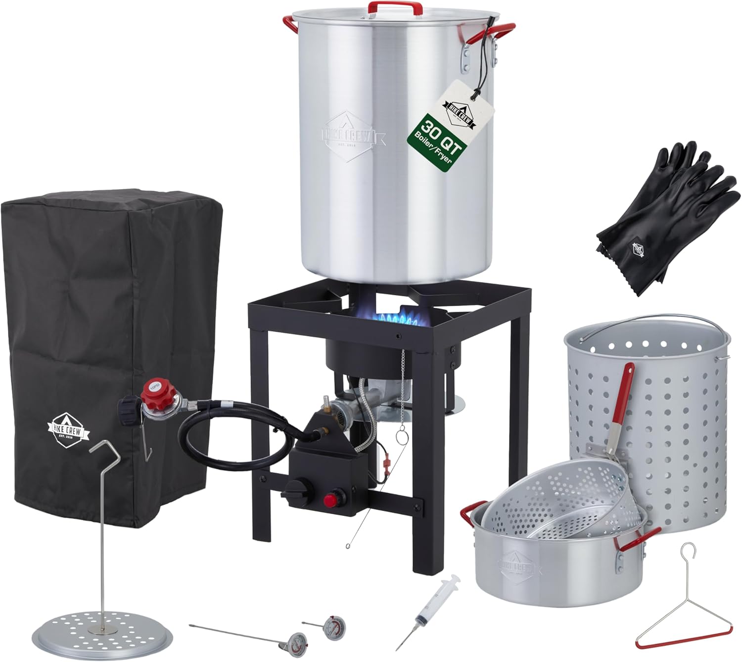 Hike Crew 50,000 BTU Outdoor Propane Turkey Fryer Kit with Timer and Igniter and Stainless-steel funnel – Complete Kit Includes 30qt and 10qt pots ant strainer baskets , 12-Inch and 5-inch