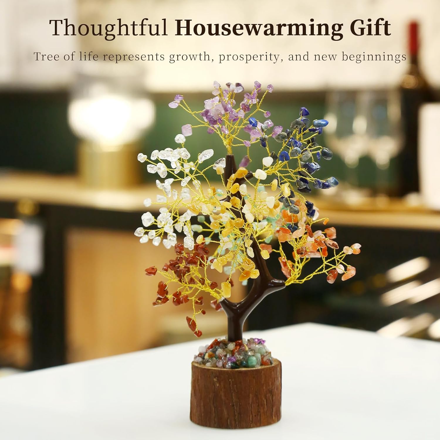 Crystal Tree of Life with Chakra Stones - Healing Crystals Decor for Desk & Home, Housewarming Gifts for New Home, Unique Birthday Gifts for Women, Sisters, Friends (7 Chakra Tree Wooden Base)