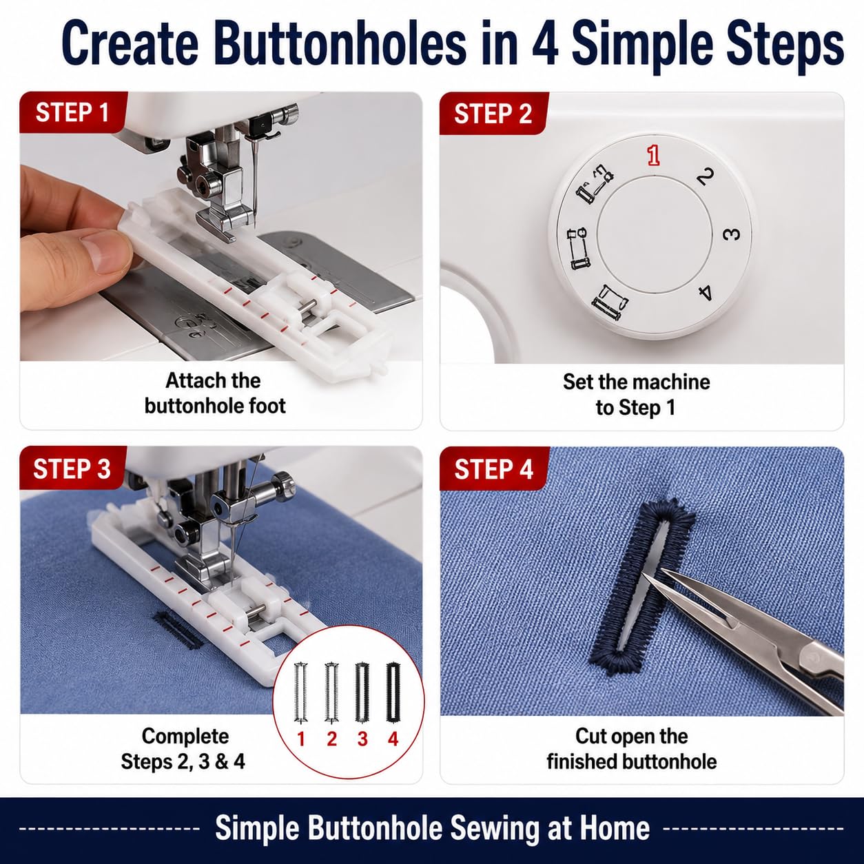 Zenith Button Hole 4 Step Pressure Foot Sewing Machine Presser Foot Fit for Most Low Shank Sewing Machines White Color Plastic White Color — Amazon image 6