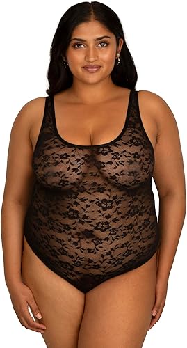 Curvy Couture Women's Plus Size No Show Lace Semi Sheer Bodysuit Black Hue XL