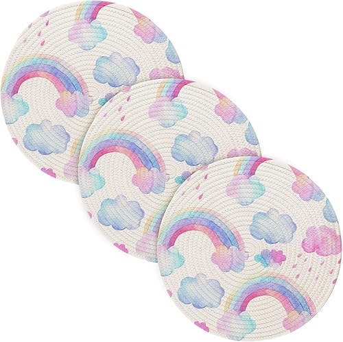 3 Pcs Kitchen Trivet Mat Cute Pattern Rainbow Pink Blue for Hot Pots and Pans 15in Cotton Thread Weave Absorb Water Hot Pads for Crock Pot Kitchen