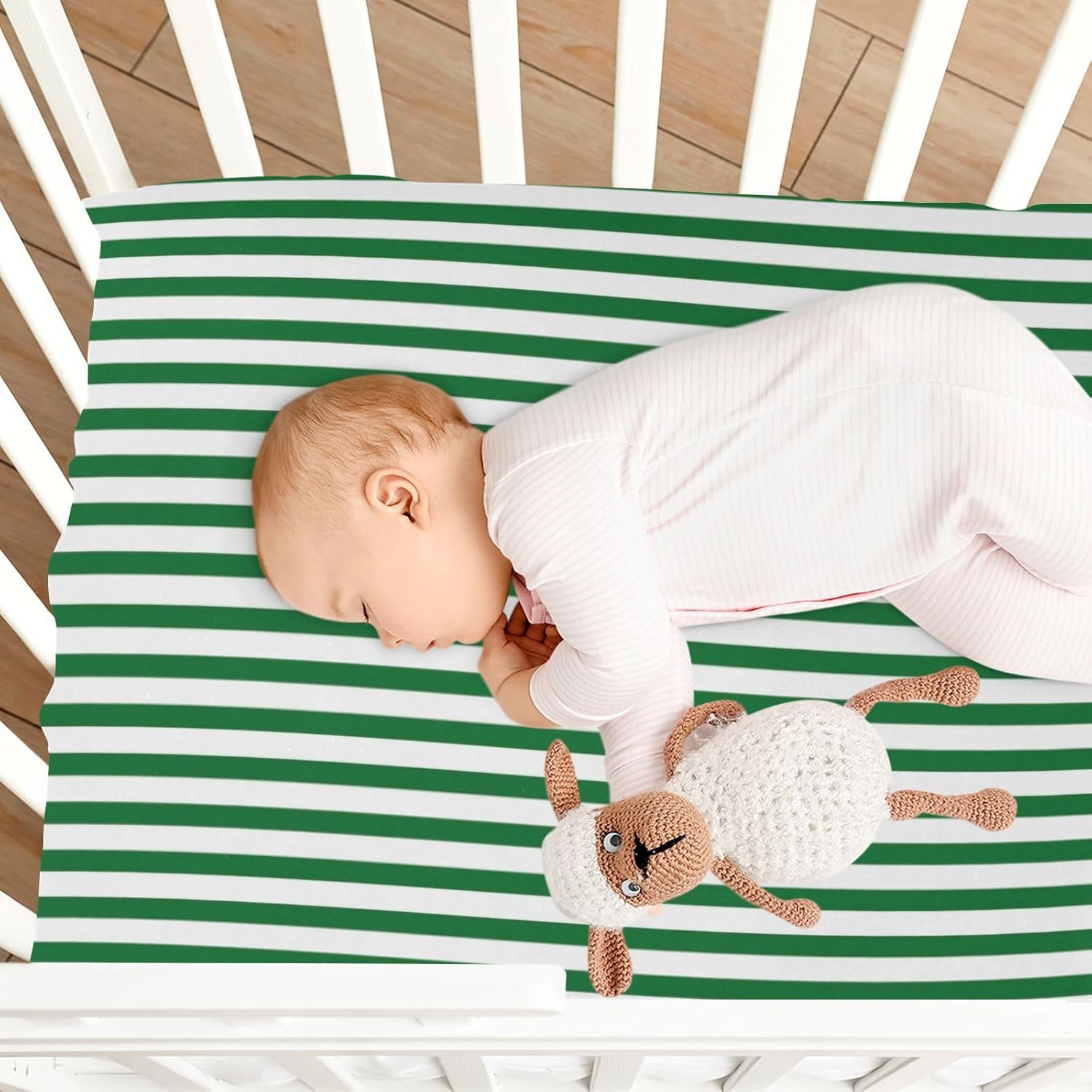 Green White Stripes Crib Sheets for Boys Girls Soft Breathable Mini Crib Sheets for Baby 52" x 28"