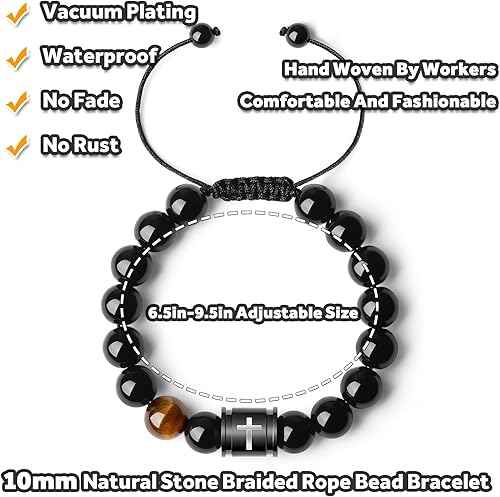 Miniatura 5 de Pulseras de cruz con versículo bíblico para hombre, hechas a mano de 0.394 in, ónix negro natural, piedra de roca de lava, ojos de tigre y cuentas