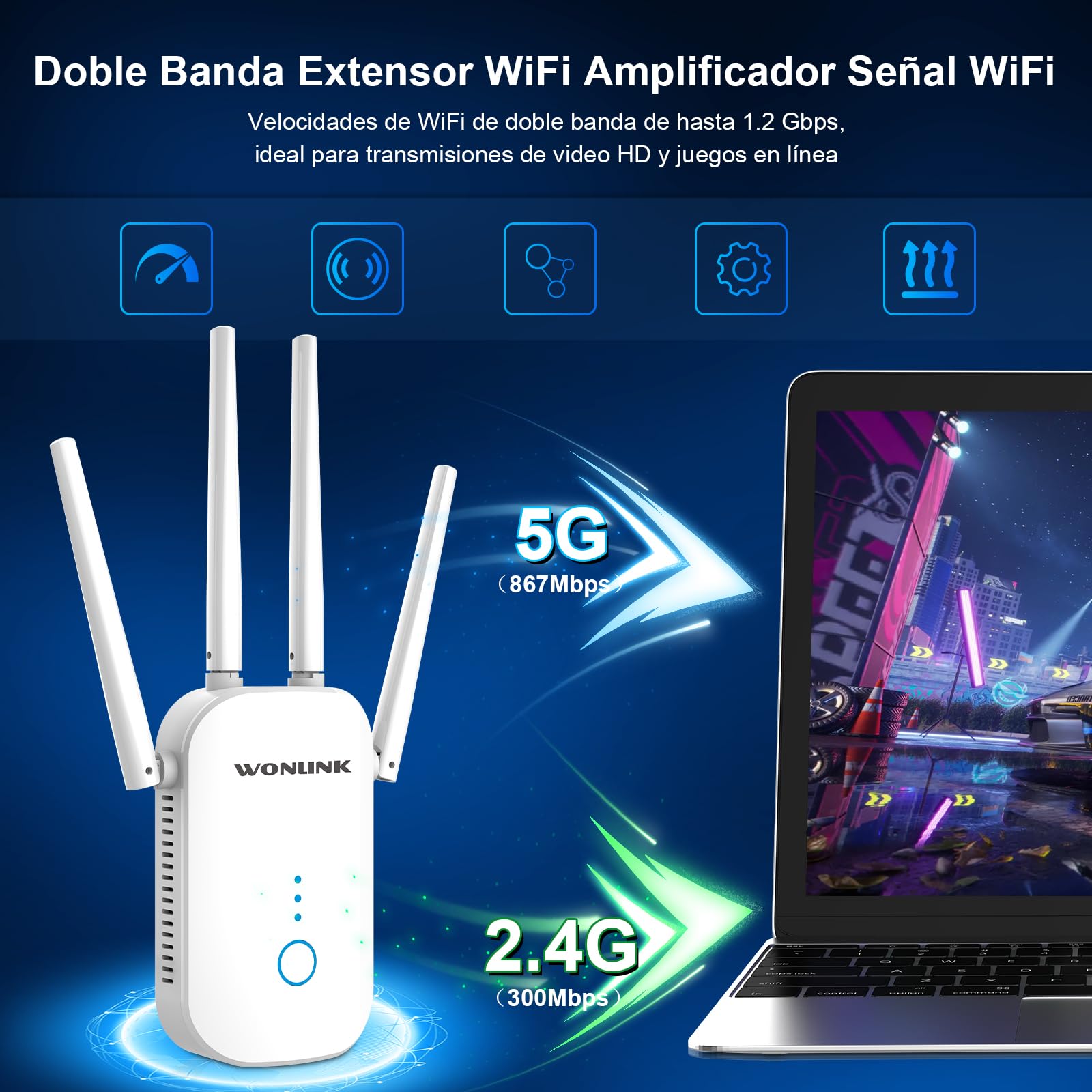 Repetidor WiFi, 1200Mbps Amplificador Señal WiFi Doble Banda 5G y 2.4GHz con Puerto Ethernet, 4 Antenas, MU-MIMO, Apoyo Repetidor/Router/Ap Modos para Hogar y la Oficina, EU Plug, Blanco