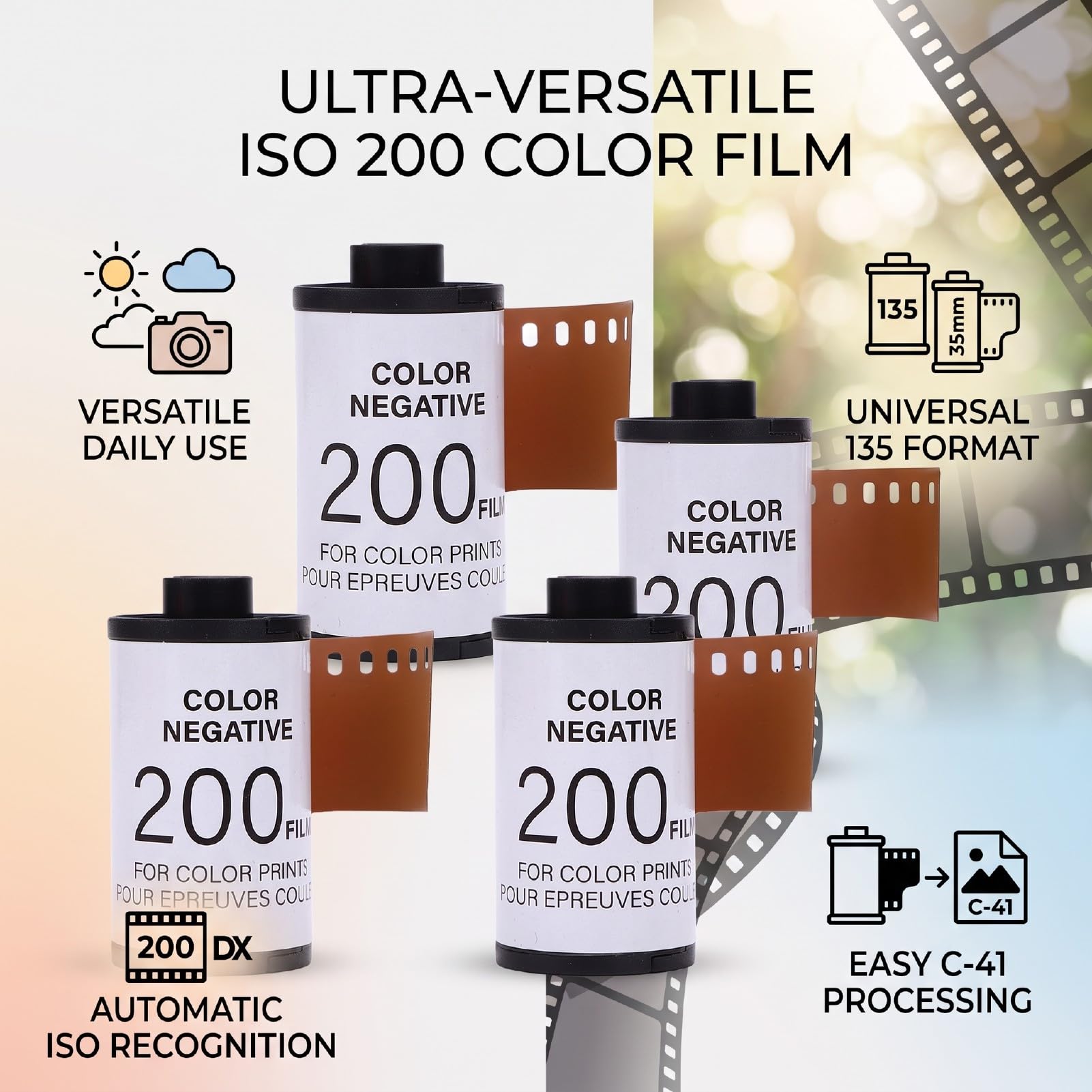 Camera Color Film ISO 200, 135 Format Rolls | Uniwersalna kompatybilność, przetwarzanie C41, idealne do fotografowania na zewnątrz