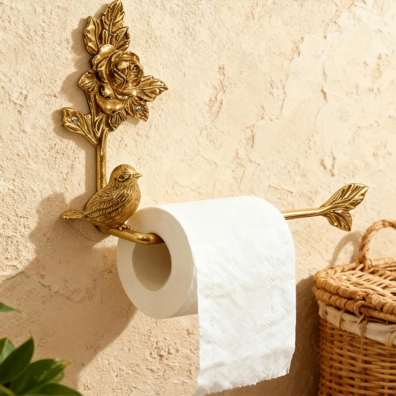 Vintage Brass Gold Wall Mounted Toilet Paper Holder with Bird and Flower Design – Decorative Towel/TP Holder for Bathroom, Rustic Farmhouse Victorian Style Bathroom Hardware