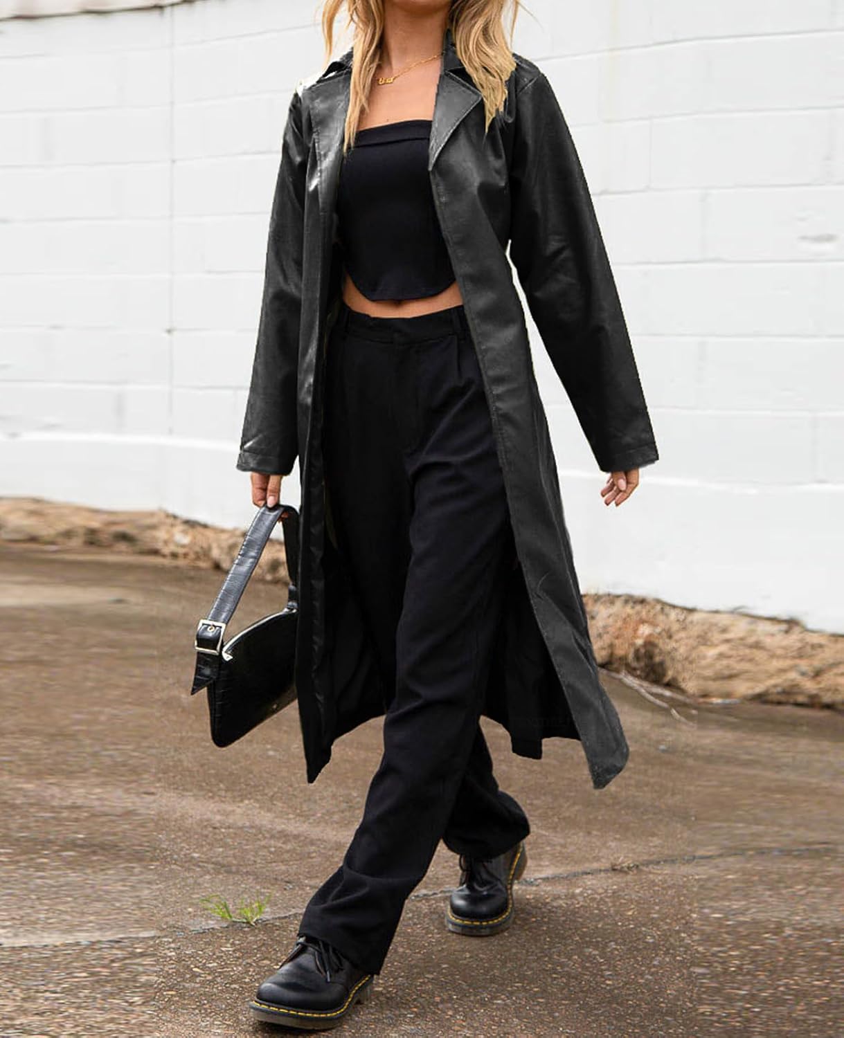 Women's Casual PU Leather Long Jacket Lapel Open Front Trench Coat with Belt - Image 4