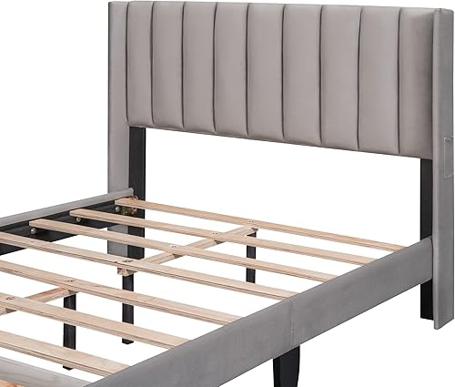 Miniatura 6 de JIVOIT Cama de plataforma tapizada de terciopelo de tamaño matrimonial, cama de almacenamiento con un cajón grande y dos bolsillos pequeños, marco