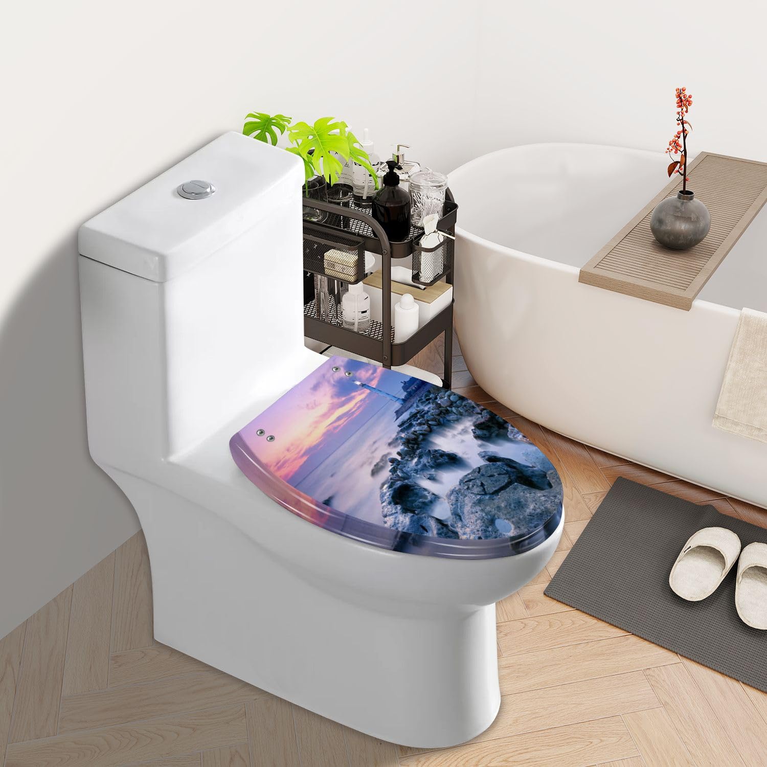 Elongated Toilet Seat Lighthouse Resin Toilet Seat Slow Quiet Close with Quick-Release Hinges Toilet Seat with Cover Easy to Clean Install