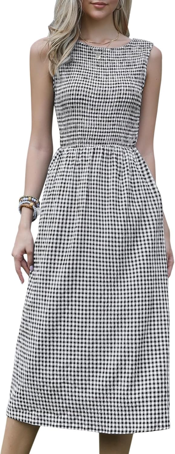 Allegra K Gingham Dress for Women Casual Sleeveless Flowy Vacation Summer Midi Smocked Dresses