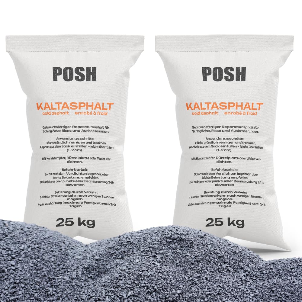 POSH Asfalto freddo, 2 x 25 kg, riempitivo per riparazioni di crepe, pronto all'uso, con una grana di 0-8 mm, vernice bituminosa, universale