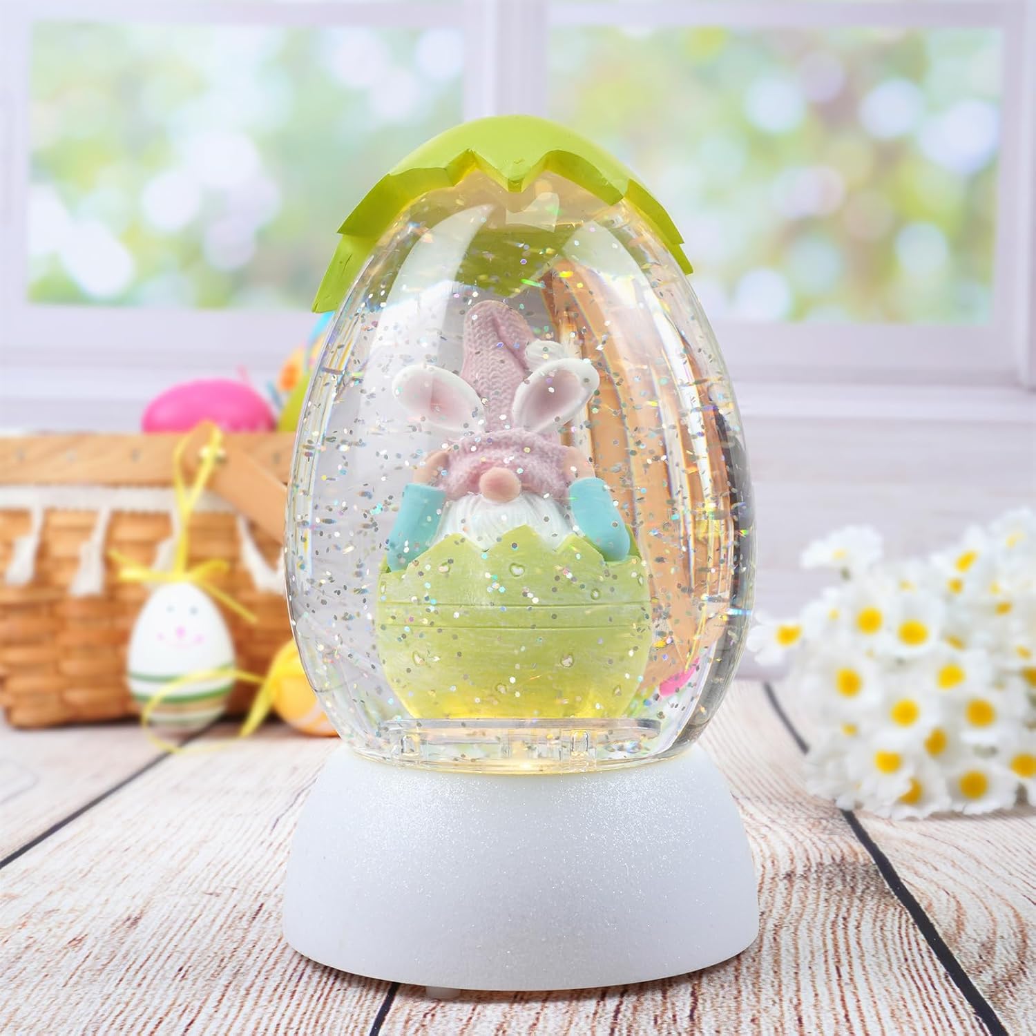 Gnome Easter Snow Globe, Easter Bunny Snow Globe Eggs Spring Decor with Swirling Glitter, 6H Timer, USB or Battery Powered, Hear No Evil Gnome Snowglobe for Tabletop Decor Gift 7.4 Inch (Green)