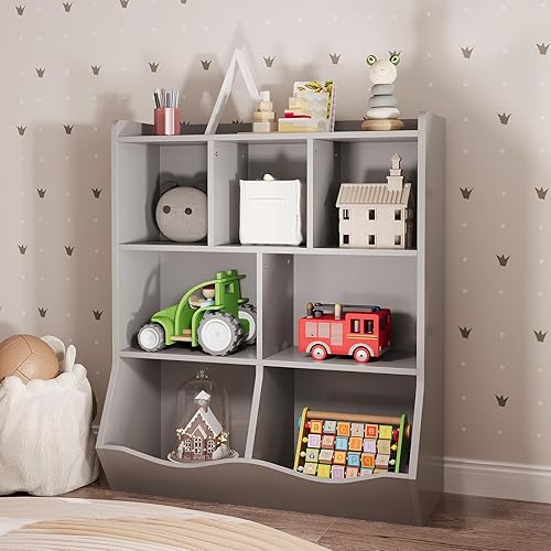 Miniatura 8 de Three-Tier Kids Bookshelf and Toy Storage Organizer, Multi-Functional Bookcase with 5 Open Cubbies and 2 Tilted Boxes for Books, Toys, and Decor,