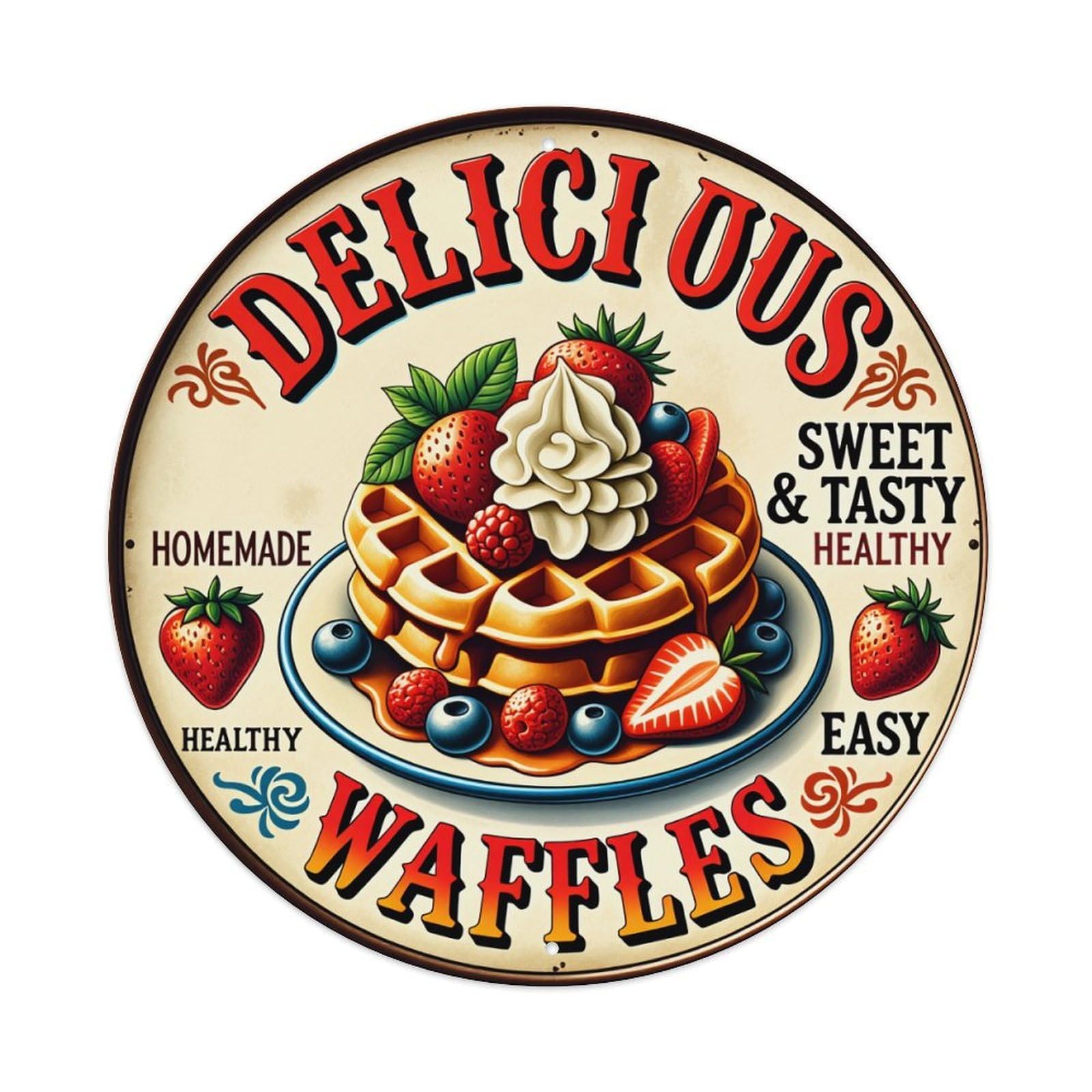 Delicious Waffles Sweet Tasty Healthy Homemade Round Tin Sign Vintage Style Metal Sign Home Bar Garden Wall Plaque Decor Metal Poster 8x8 Inch
