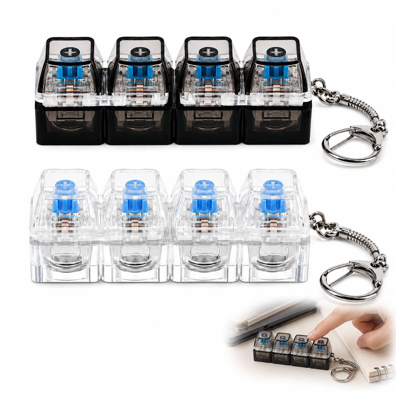 2Pcs Keyboard Fidget Toy, 4 Keys Transparent PC Clicky Fidget Keyboard with LED Light, Portable Fidgets Keychain for Stress Relief, Anxiety Reduction, Office Desk Gadget