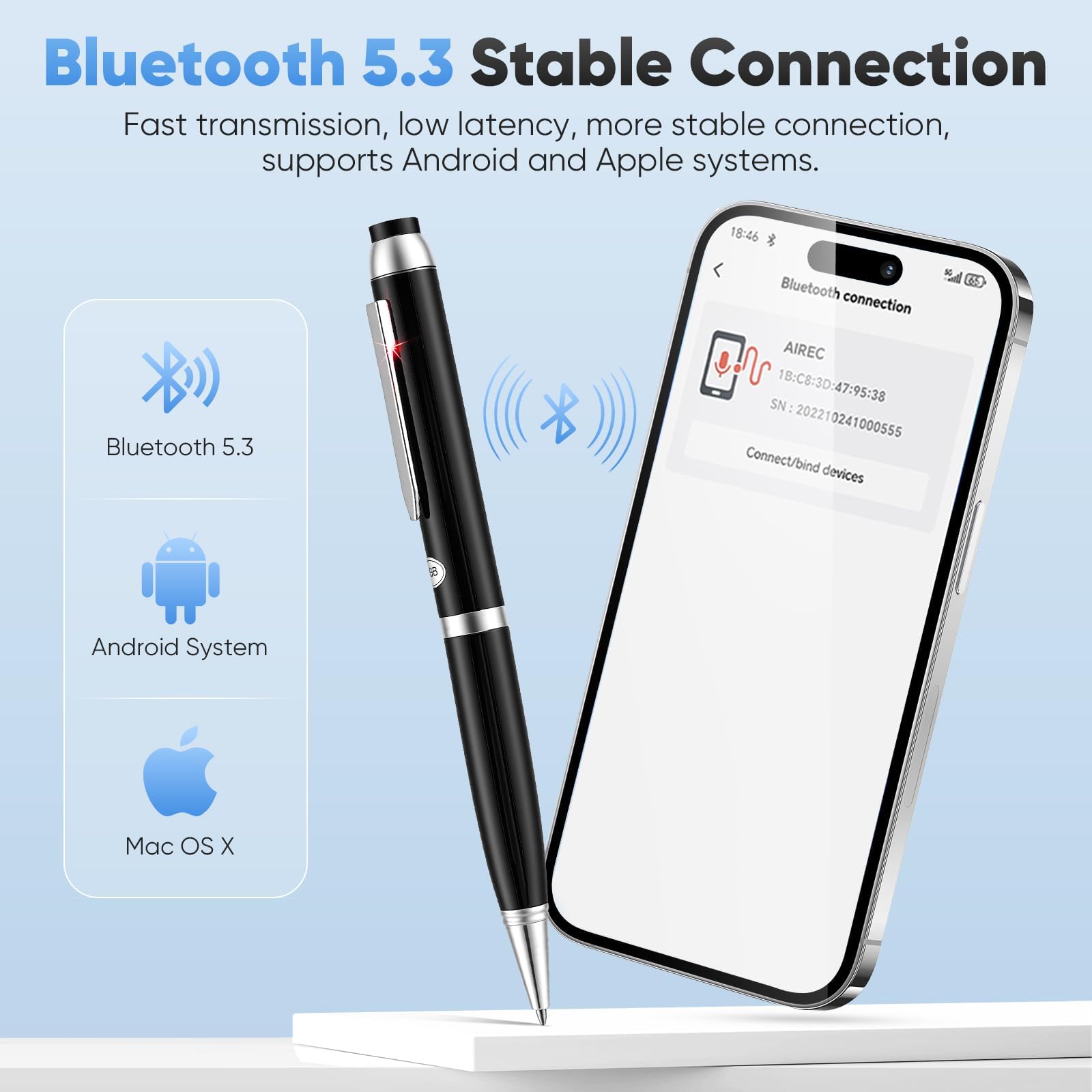 Stylo Enregistreur Vocal IA 64 Go, Transcription & Traduction en Temps Réel, Micro 360°, 10h Autonomie