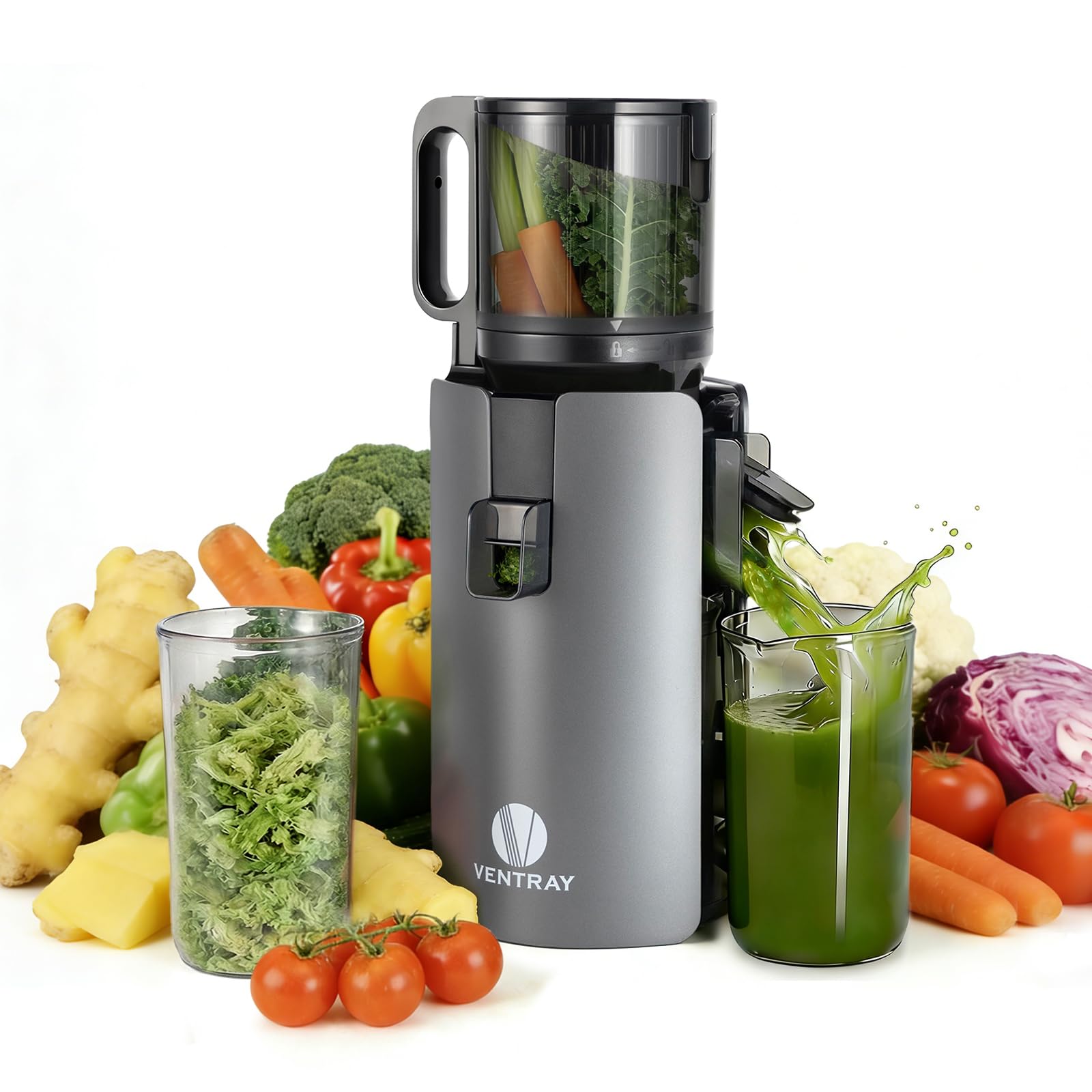 Ventray Estrattore di Succo a Freddo | Bocca Larga 120mm per Frutta e Verdura Intera Senza Preparazione | Sistema a Doppia Filtrazione | Facile da Pulire | 250W | 1.2L | Senza BPA | Nero