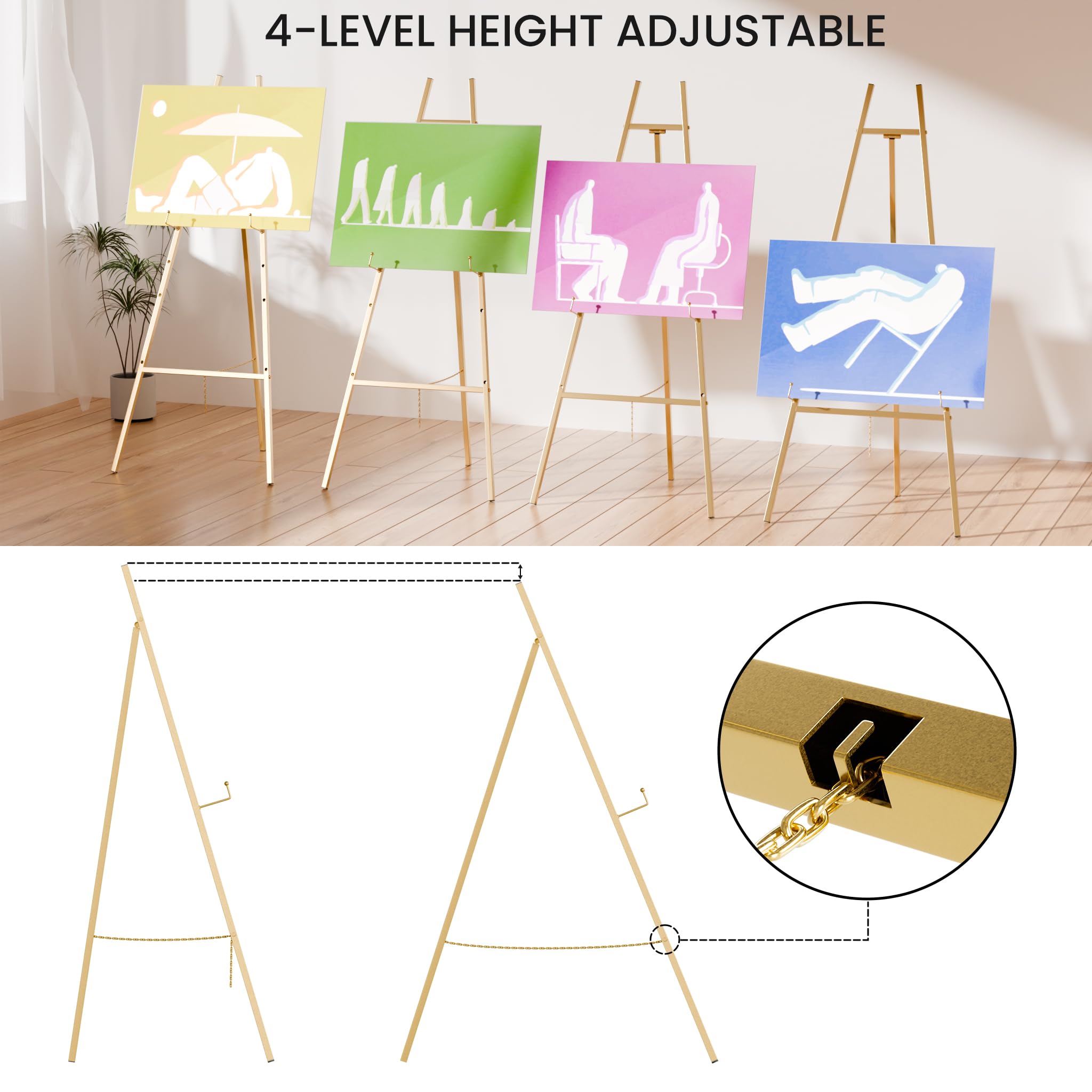 Goldene Staffelei Ständer für Schilder, robuste Staffelei, 4-stöckig, verstellbare Kunststaffelei zum Malen, Hochzeitsschild, 1 Stück