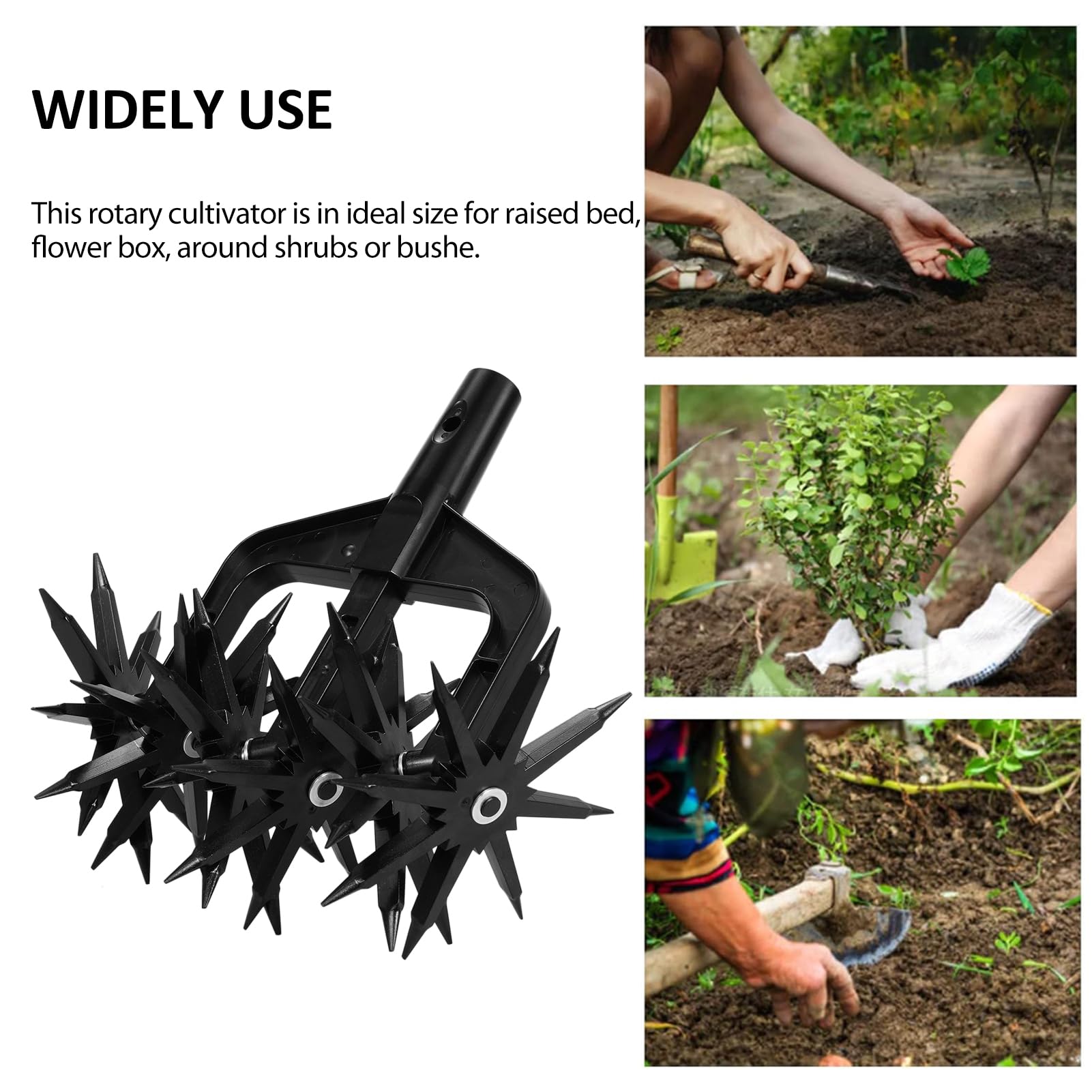 Rotary Cultivator Tool, Handheld Garden Soil Scarifier Cultivator with Removable Tines, for Raised Beds, Flower Boxes, Shrubs, Bushes