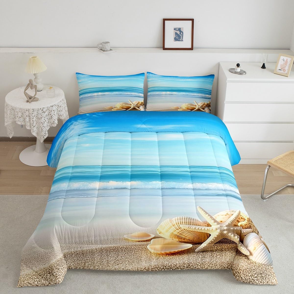Feelyou Beach Theme Comforter Set King Size Starfish Seashell Conch Bedding Set Kids Boys Girls Ocean Sea Nature Pattern Print Comforter Summer Holiday Vacation Quilt Set