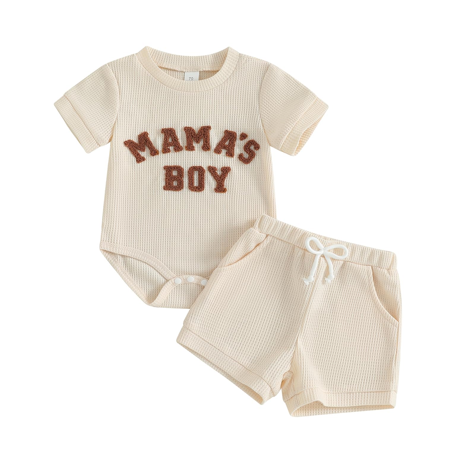 MERSARIPHY Newborn Baby Boy Summer Clothes Mama's Boy Little Dude Short Sleeve Romper Shorts Set Infant Waffle Knit Outfit (Beige-mama's boy, 0-3 Months)
