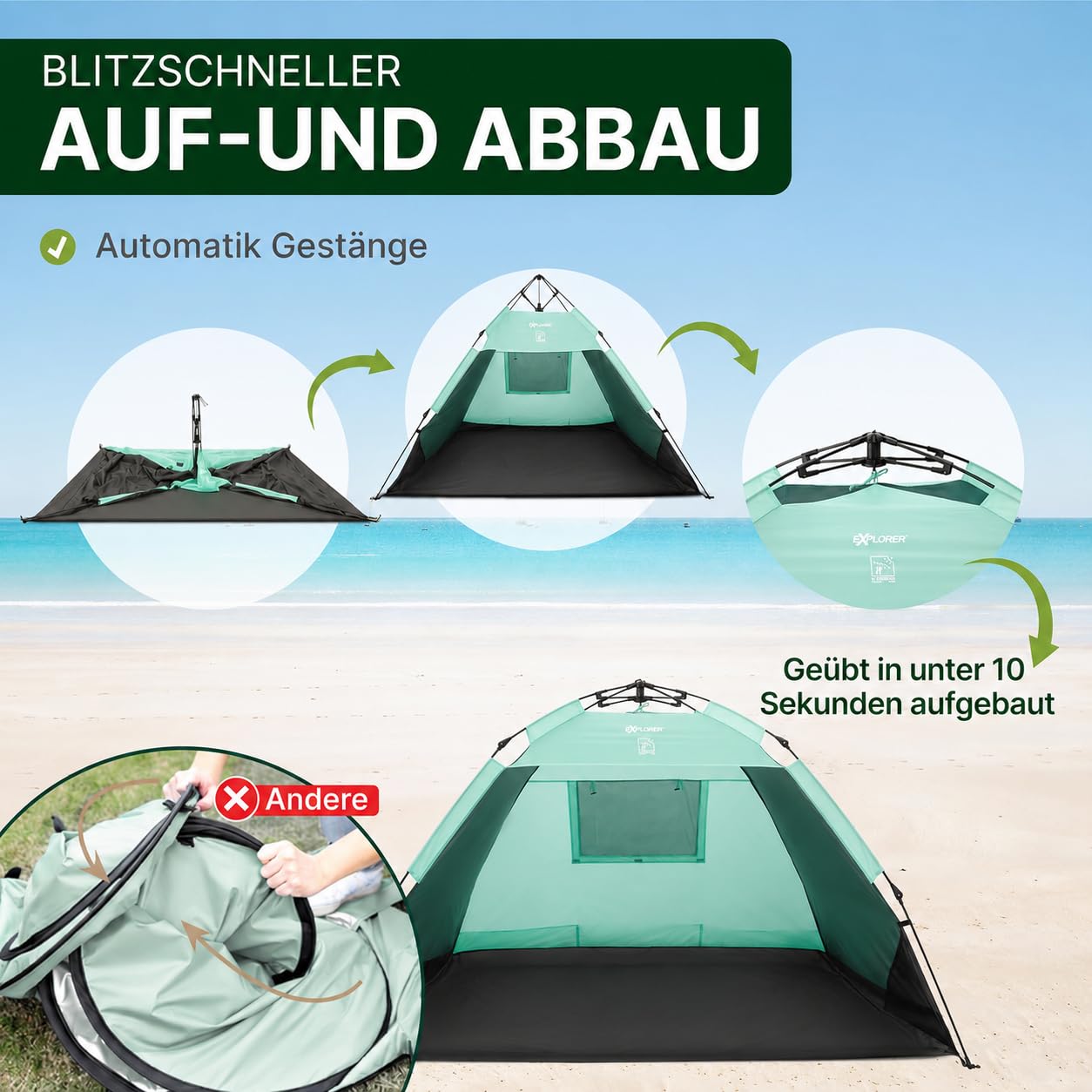 EXPLORER XXL Automatik Strandmuschel UV Schutz 80+ 220x150x130cm Strandzelt Sonnenschutz Mint