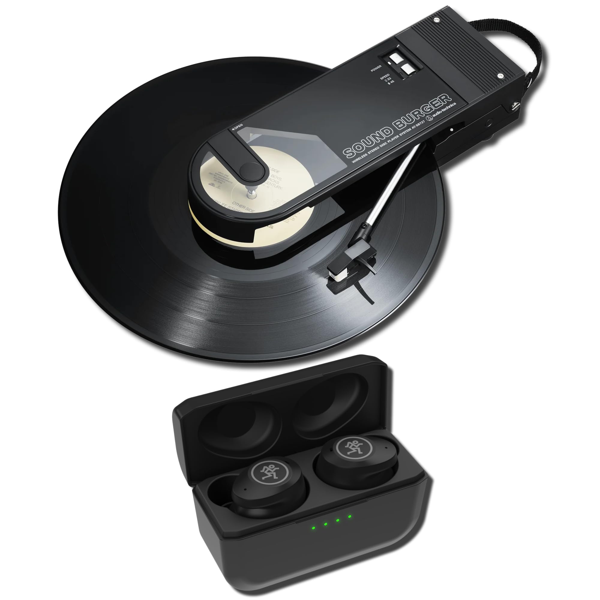 Audio-Technica AT-SB727 Sound Burger Portable Bluetooth Turntable Bundle with Mackie MP-20TWS Dual-Driver ANC Earbuds — Classic Black 12-Hour Vinyl Player for Home Listening, Travel, Dorm, Gifts-image-35