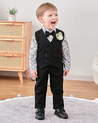 Miniatura 9 de YALLET Ropa para bebé niño, traje de boda para caballero, camisa de vestir formal + corbatín + chaleco+botonero + pantalones con tirantes