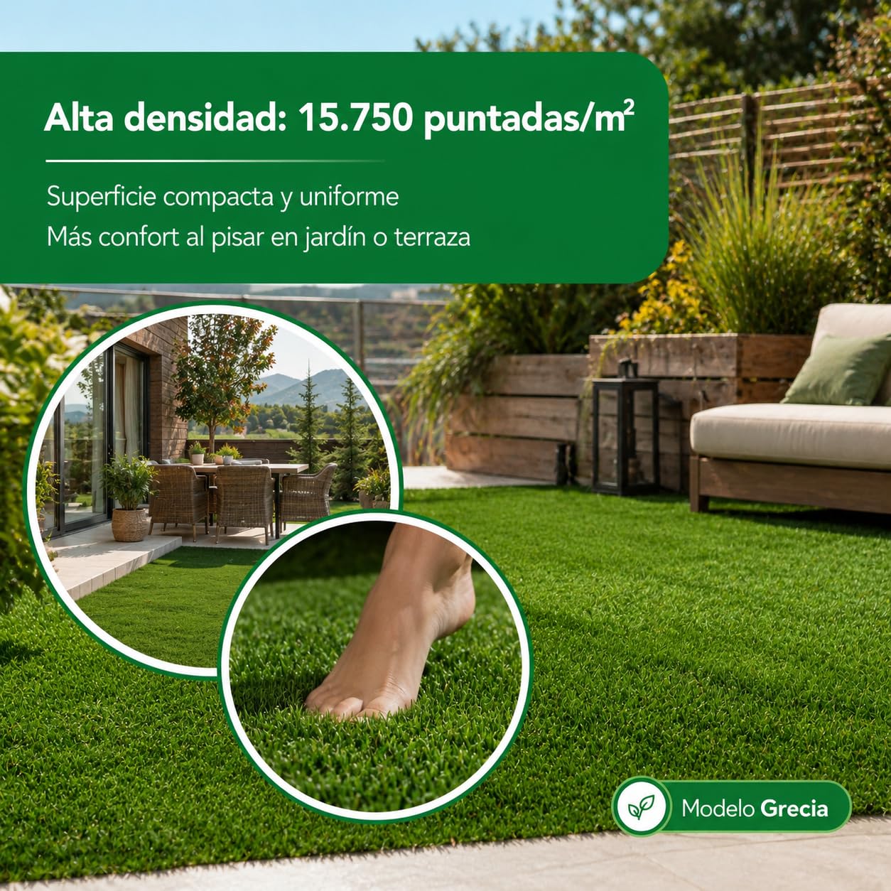 Césped Artificial Premium 20mm, Rollo 2x20 Metros, Modelo Grecia, 15.750 Puntadas, 5.000Dtex. Máximo Realismo, Alta Densidad, Ideal para Exteriores, Piscinas, Terrazas y Jardín