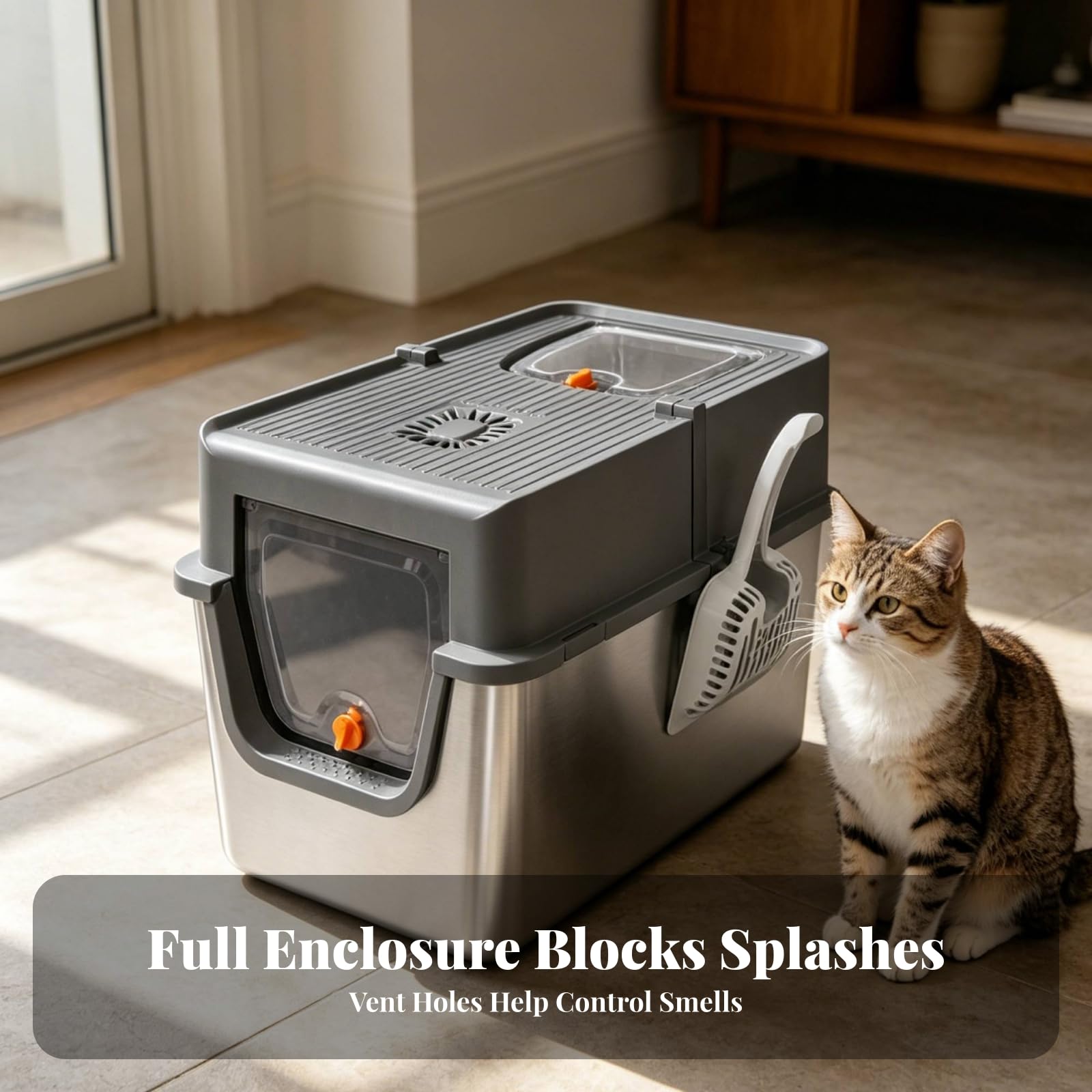 Enclosed Litter Container Lettiera Chiusa Gatto Cassettina Gatti Toilette Gatti Box Sabbia in Acciaio Inox con Ingresso Frontale E Apertura Dall Alto, Grigio Scuro, style to 3