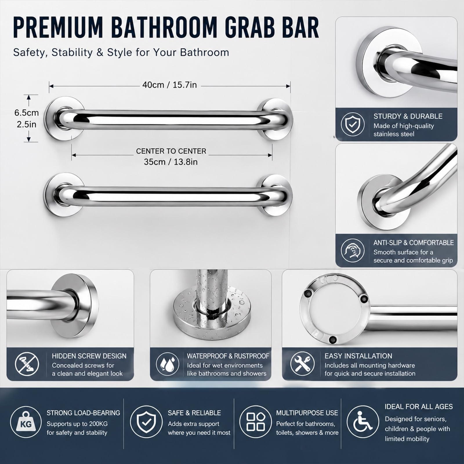 Set Da 2 Maniglioni Di Sicurezza per Doccia, Supporto A Parete Ultra-resistente con Fissaggio Nascosto – Ideale per Doccia, WC E Vasca Da Bagno (prevenzione Cadute per Anziani)(50cm)