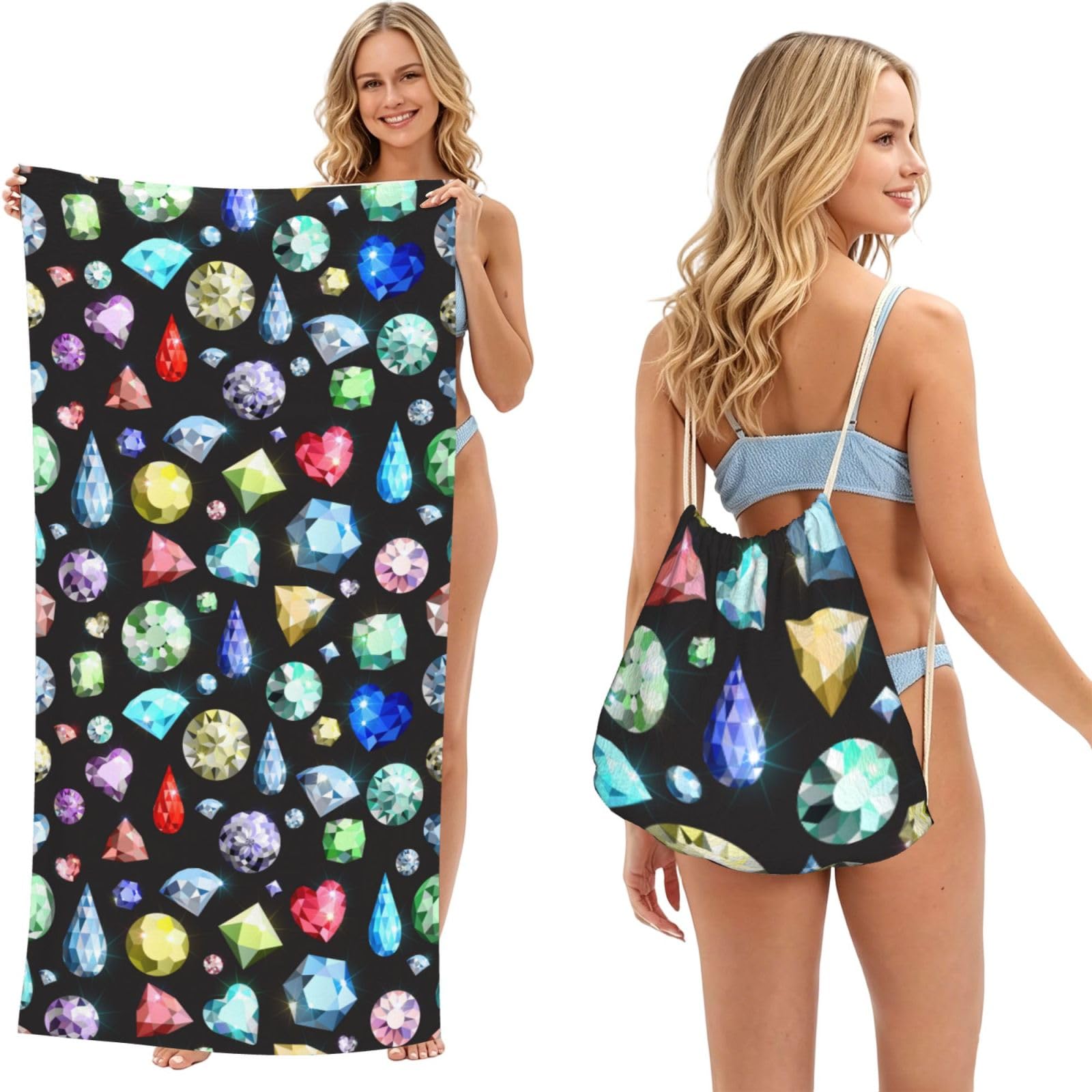 Poadnly As Picture Colored Gemstone Pattern, 2 In 1 Packable Towel Bag, Beach Towels With Drawstring Backpack For Travel Holiday Camping