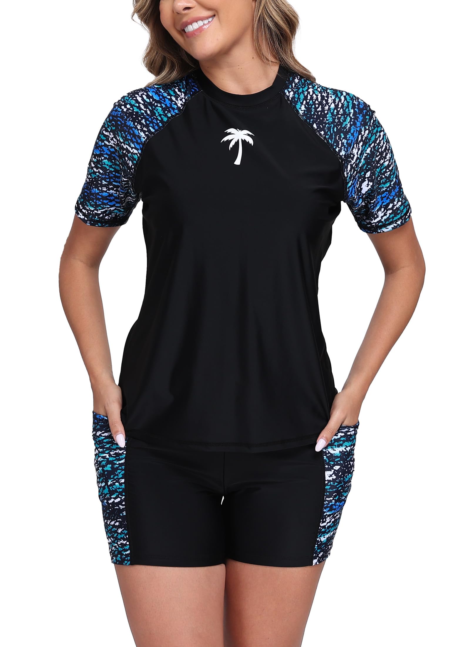 Halcurt Women's 2 Piece Rash Guard Swim Shirts Built in Bra