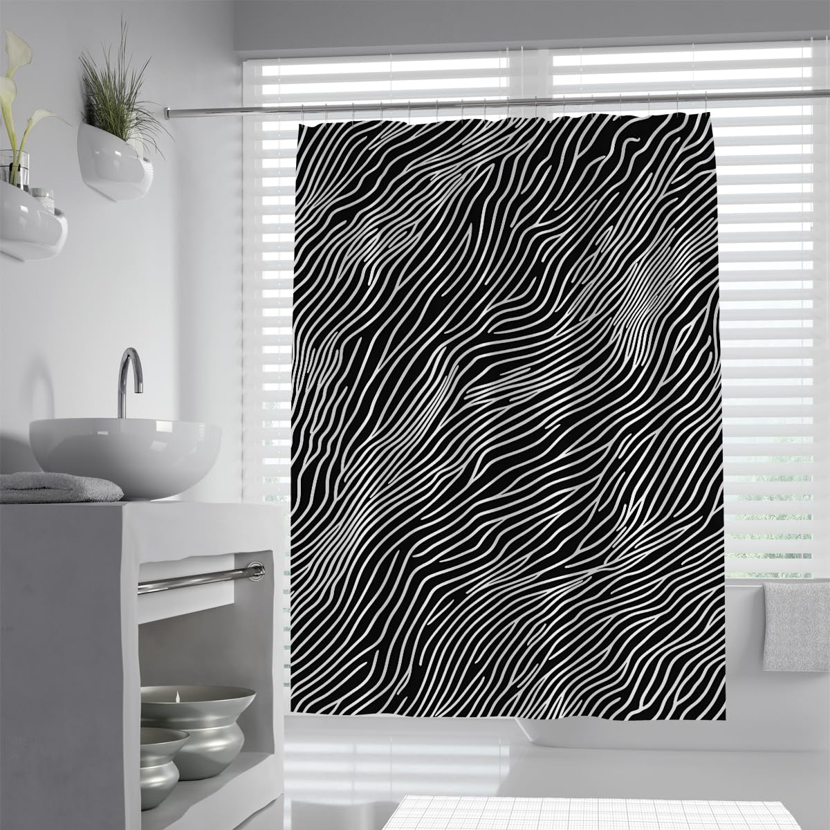 UIRINGART Nordic Zebra Stripes Shower Curtain W180xL200cm Modern Abstract Geometric Wavy Lines Pattern Mildew Resistant Washable Home Hotel Bathroom Screen With Hook