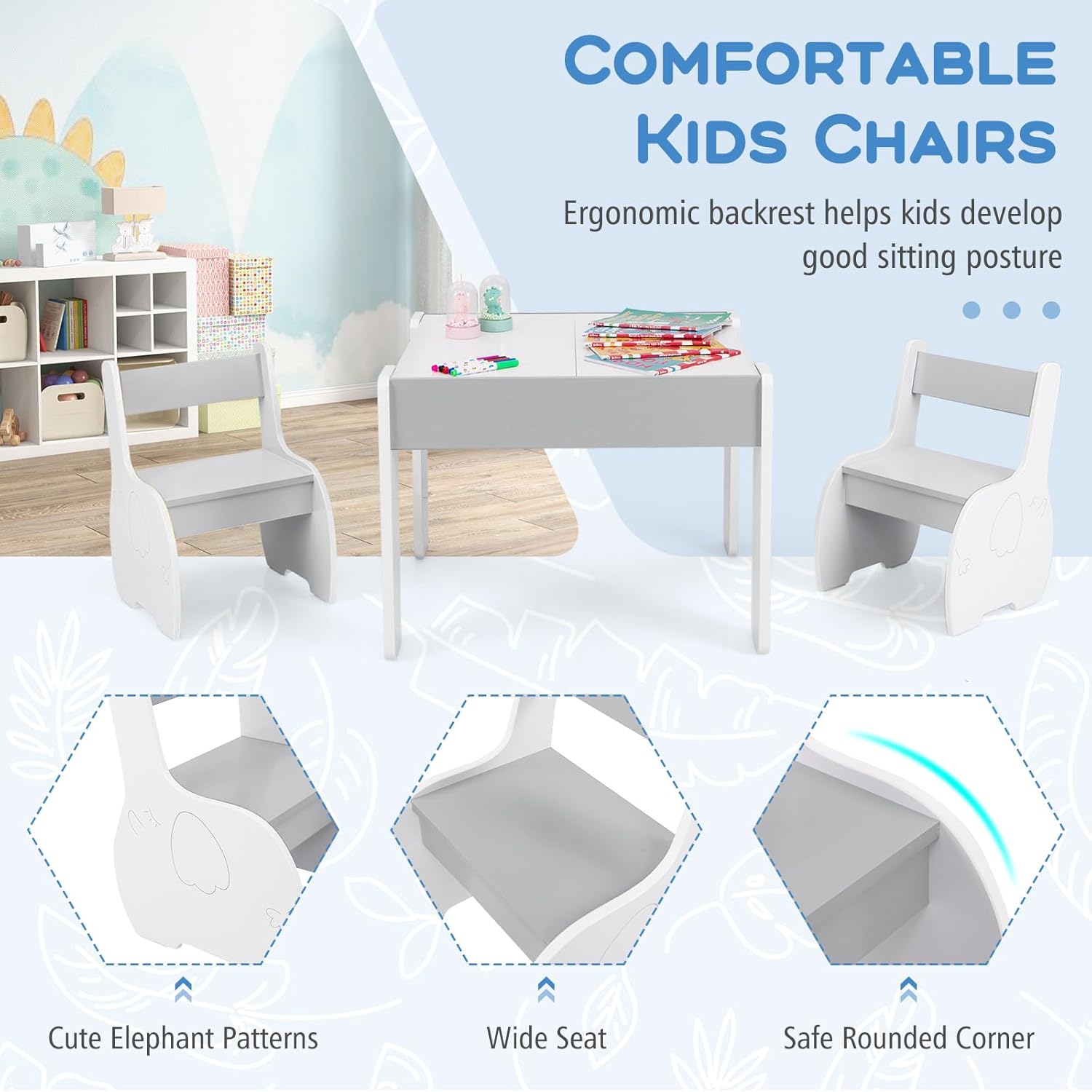 HONEY JOY Kids Table and Chair Set, 4-in-1 Children Wooden Activity Table and 2 Chairs for Art Craft, Reversible Blackboard, 3 PCS Toddler Furniture with Storage, Gift for Boys Girls