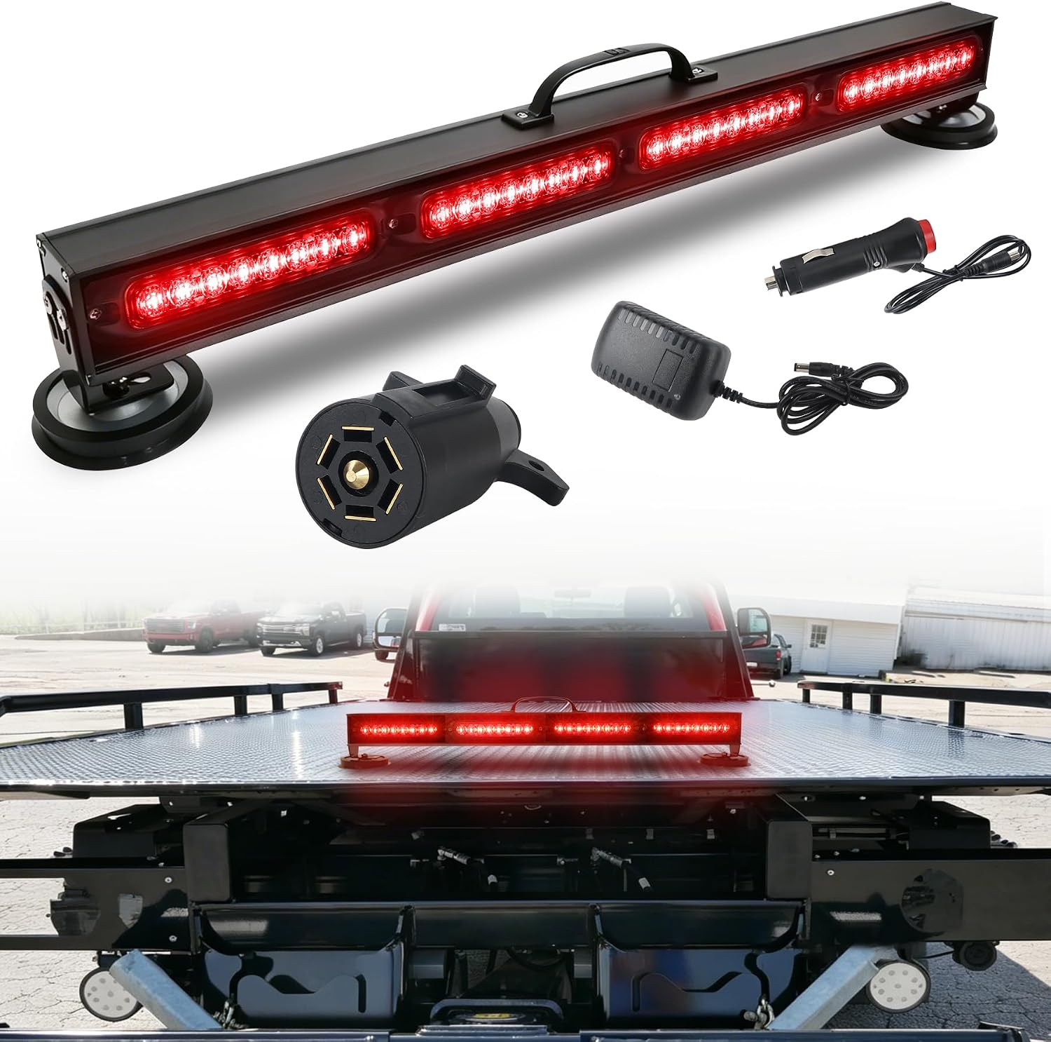 Wireless Tow Light Bar, Trailer Light Bar with 7 Pin Round Transmitter, Magnetic Base, Brake/Turn Signal Emergency LED Light Bar for Truck Roadblock Cars, Rechargeable Battery Powered, 23 in
