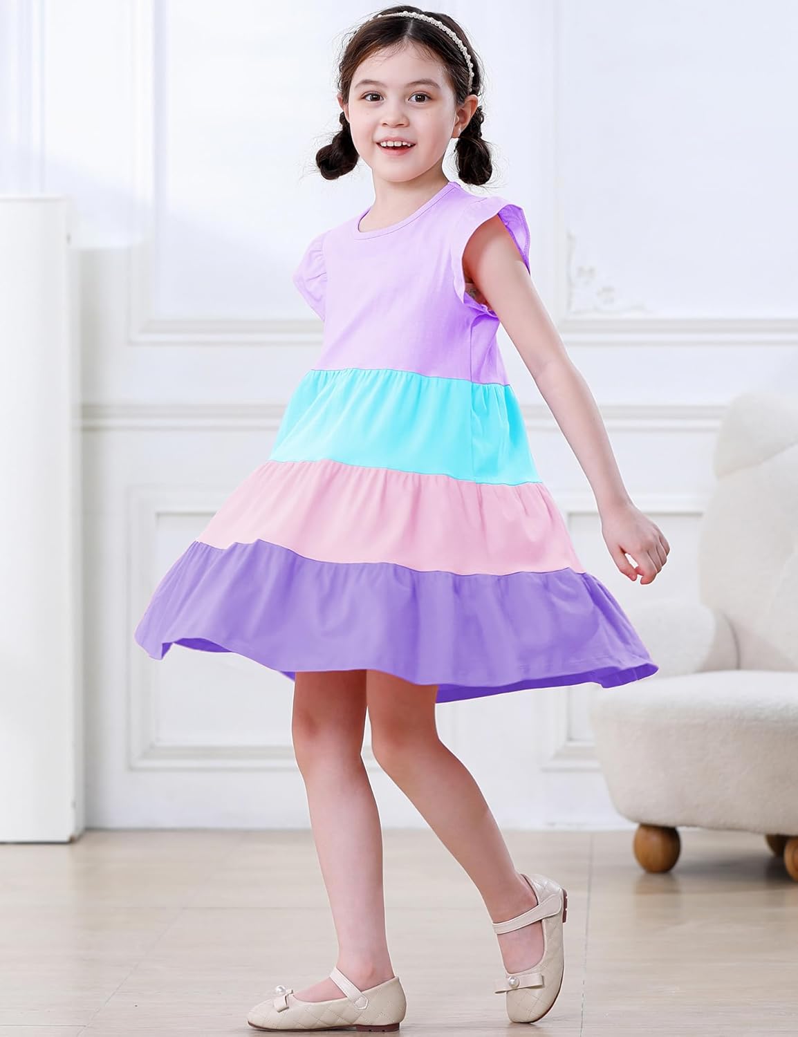 Hongshilian Toddler Girls' Cotton Ruffle Sleeve Tiered Sundress Bright Colorful Twirly Spring Summer Dresses 4T Purple&blue image 4 of 7 B0DSPZWDBC