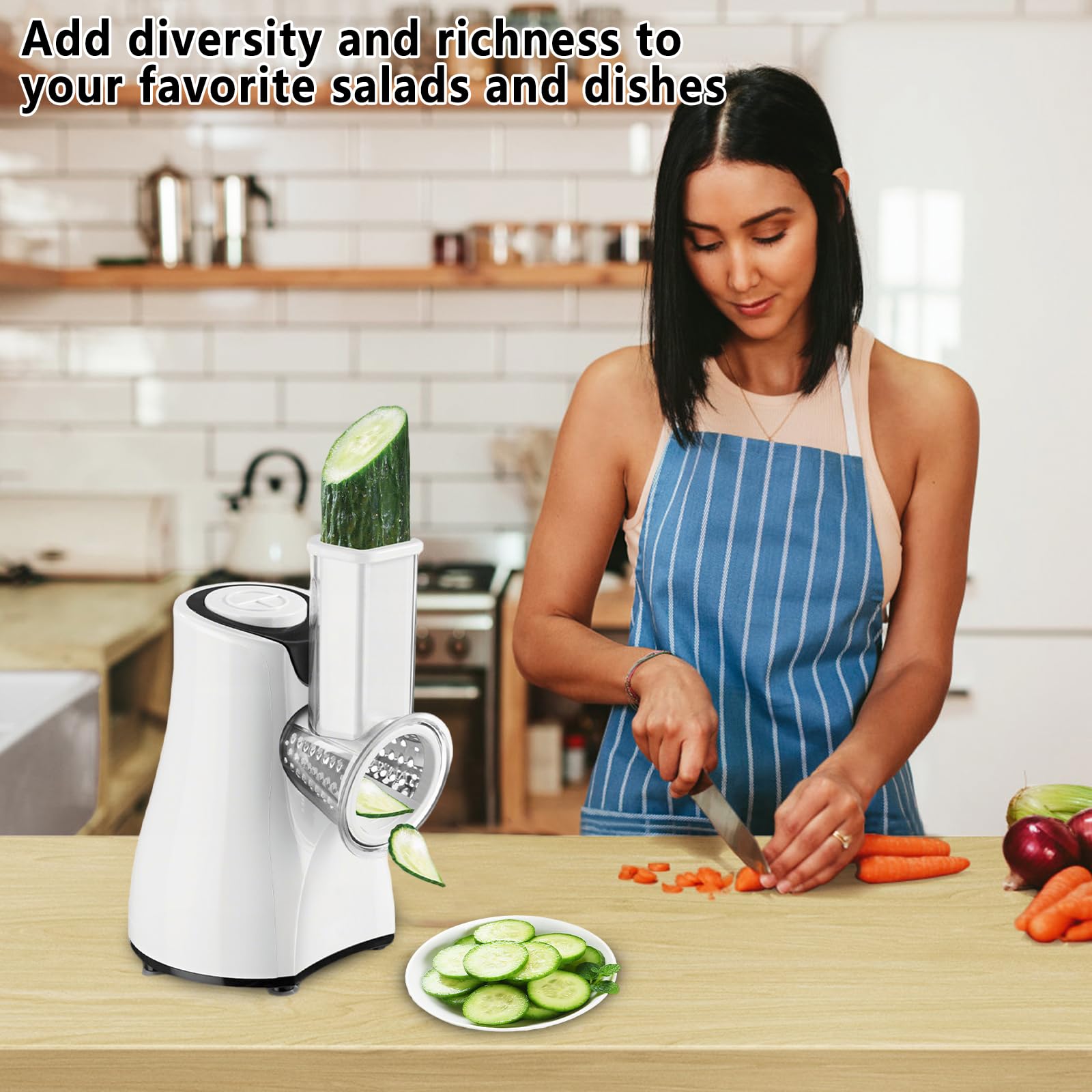 Recortador de verduras eléctrico 5 en 1,800 W, retocadora de verduras con 5 cuchillas Tambor intercambiables,Picadora eléctrica para queso,Zanahorias,Frutas,Patatata,Pepinos (blanco)