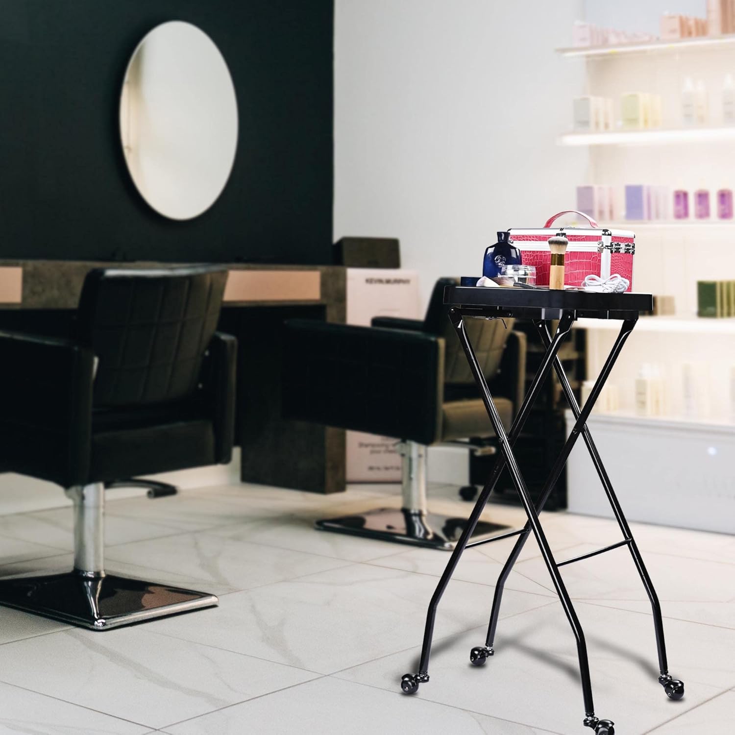 Salon Folding Rolling Tray Station Service Trolley Salon Cart Storage Cart for Barber Shop Medical Tray for Easy Storage