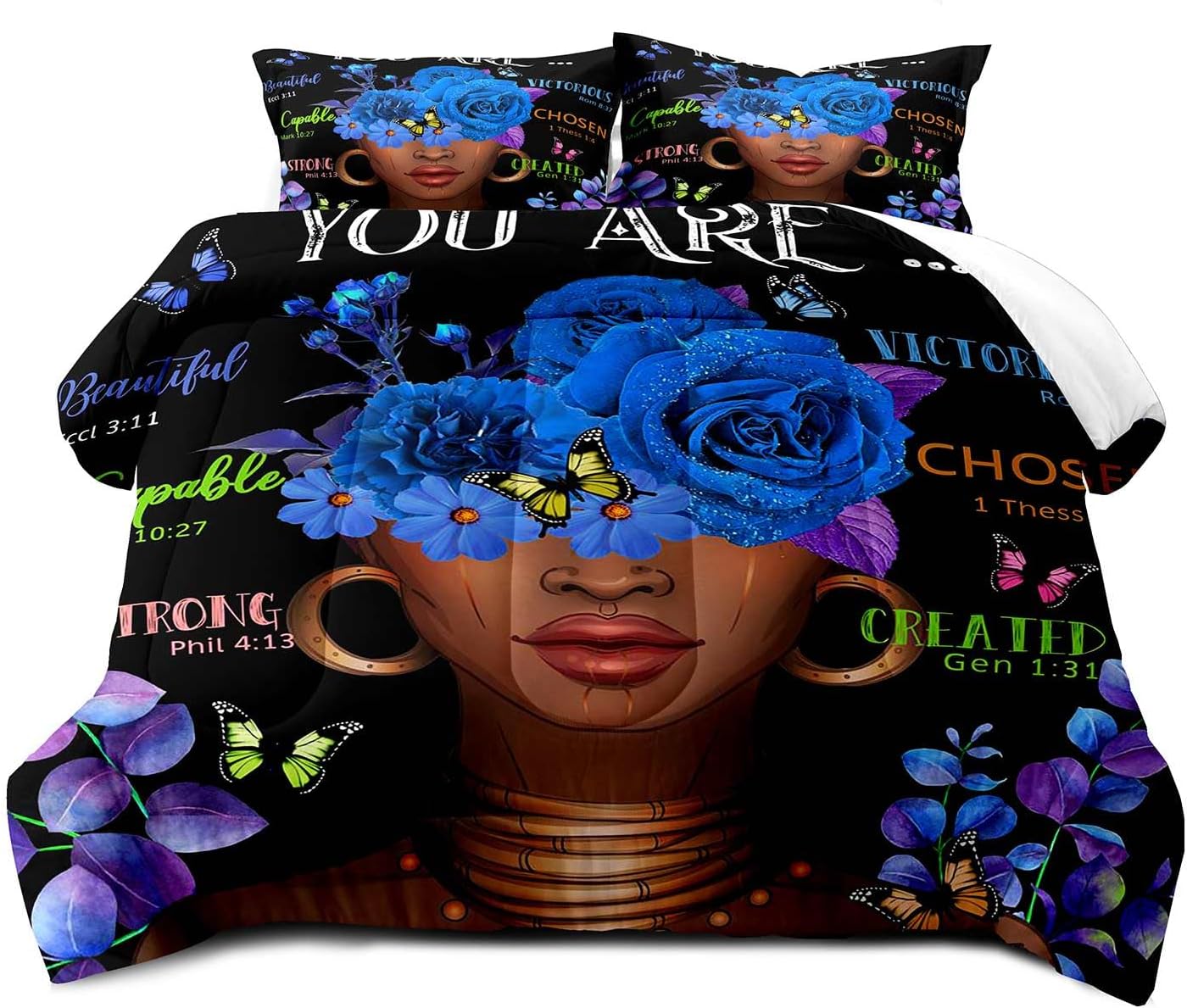 LUVIVIHOME 3PCS African American Black Girl Magic Comforter Set Queen Size, Aesthetic Blue Rose Floral Butterfly Afro Girl Melanin Queen Bedding Quilt, Inspirational Gifts for Women, 2 Pillow Cases