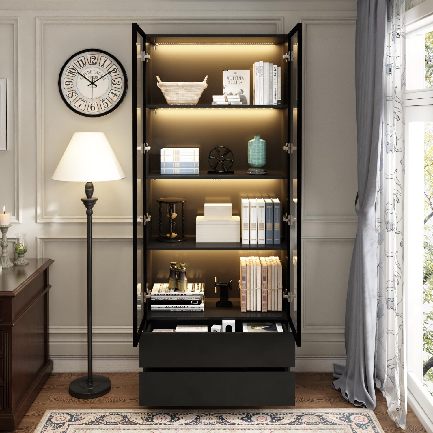 Vitrina con puertas de cristal, estantería de pie para salón, dormitorio, comedor, oficina, cocina, 80 x 36 x 200 cm, MDF, negro