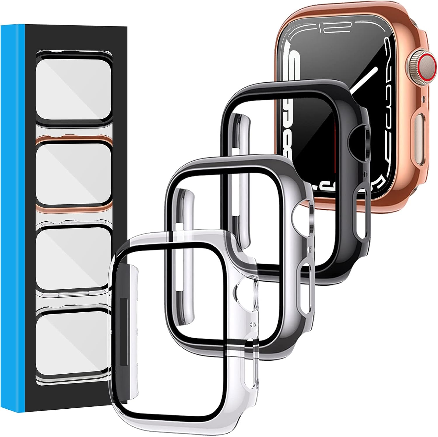 EZCO [4-Pack] Case Built in Tempered Glass Screen Protector Compatible with Apple Watch Series 7 45mm/41mm, Hard PC Plated Full Coverage Protective Cover Bumper Man Women Gift Accessories for iWatch 7
