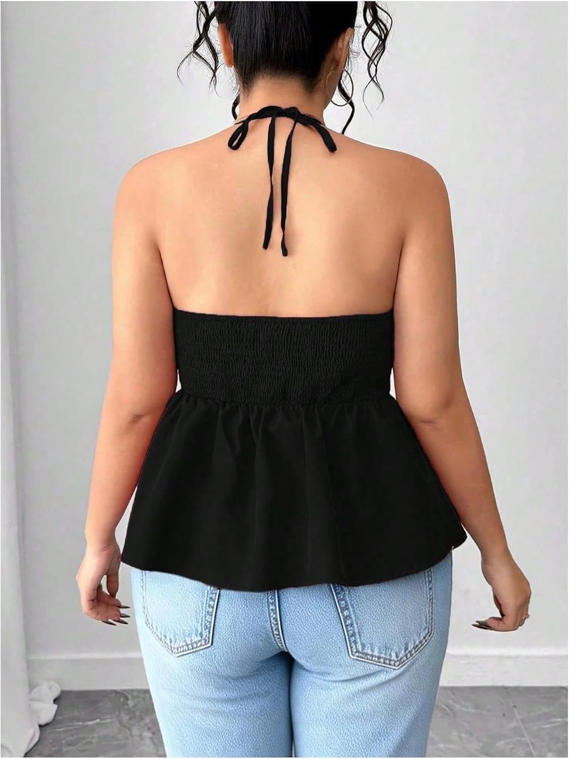 SOLY HUX Women's Plus Size Peplum Halter Top Tie Front V Neck Sleeveless Backless Ruffle Going Out Tops