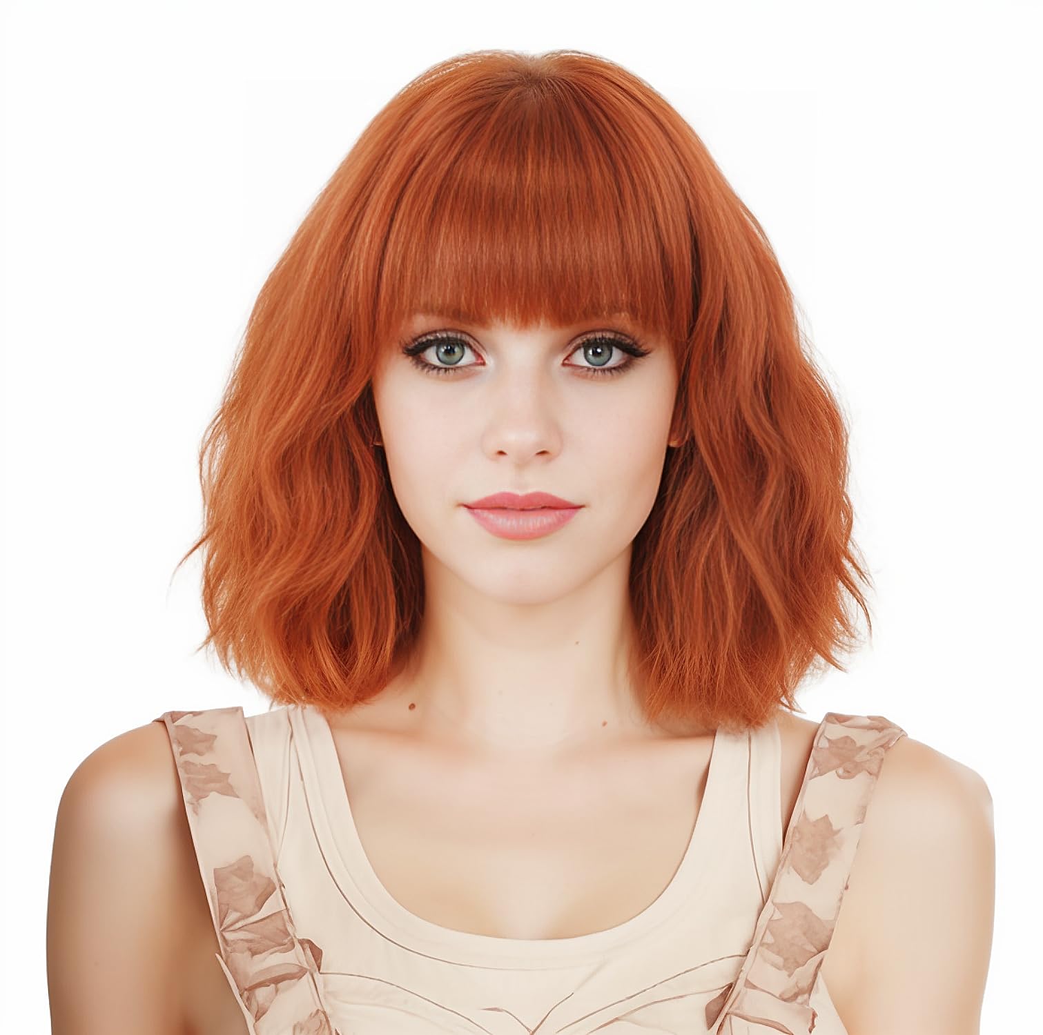 Gerulyss Short Ginger Bob Wig for Women Wavy Shoulder Length Auburn Wig with Bangs Copper Red Synthetic Costume Wig for Halloween,Cosplay,Daily Use