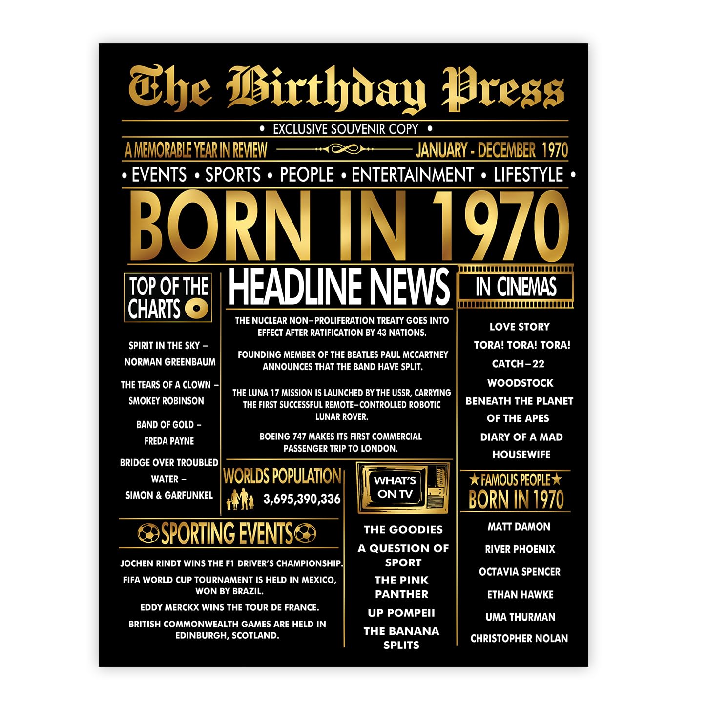 Stuff4 Gold 56th Birthday Poster Unframed - Golden Born In 1970 Newspaper - Happy 56 Birthday for Men Women Retro Vintage Gifts Back In 1970, 8x10 Inch Bday Party Decor Decoration