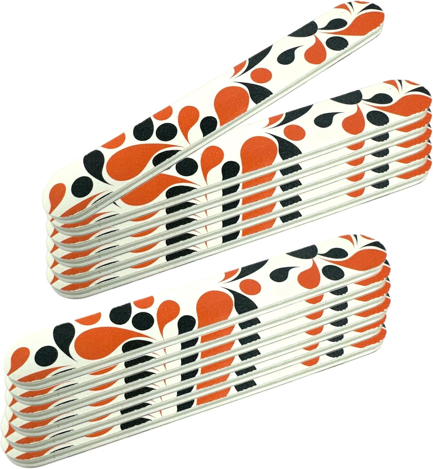 12pc White Orange/Black Fashion Print Dual-Sided Nail Medium & Fine Grit File Emery Board Cushioned Easy Grip Comfort Filing Smoothing Finishing All Nails 5” Travel Size TSA Approved